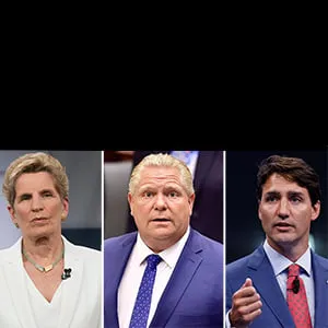 Kathleen Wynne, Premier Doug Ford and Prime Minister Justin Trudeau (Photograph by Marta Iwanek;Frank Gunn/CP;Adam Scotti/PMO)
