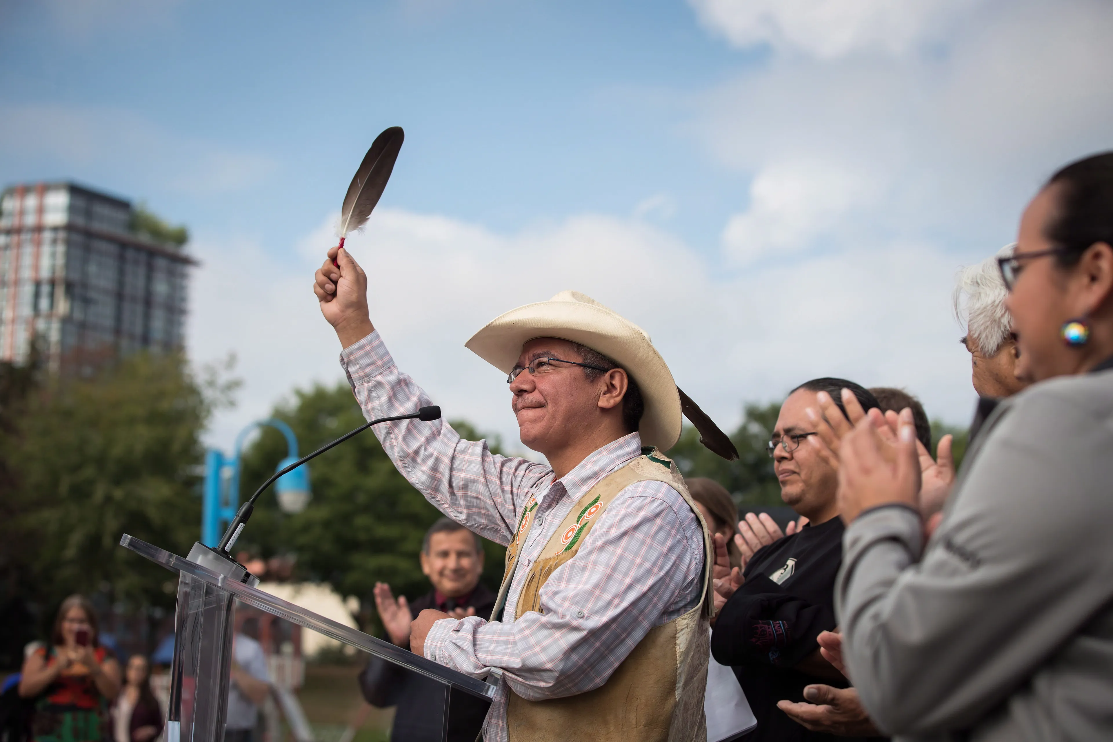 Coldwater Indian Band Chief Lee Spahan celebrates the Federal Court of Appeal ruling on the Trans Mountain Pipeline expansion on Thursday THE CANADIAN PRESS/Darryl Dyck
