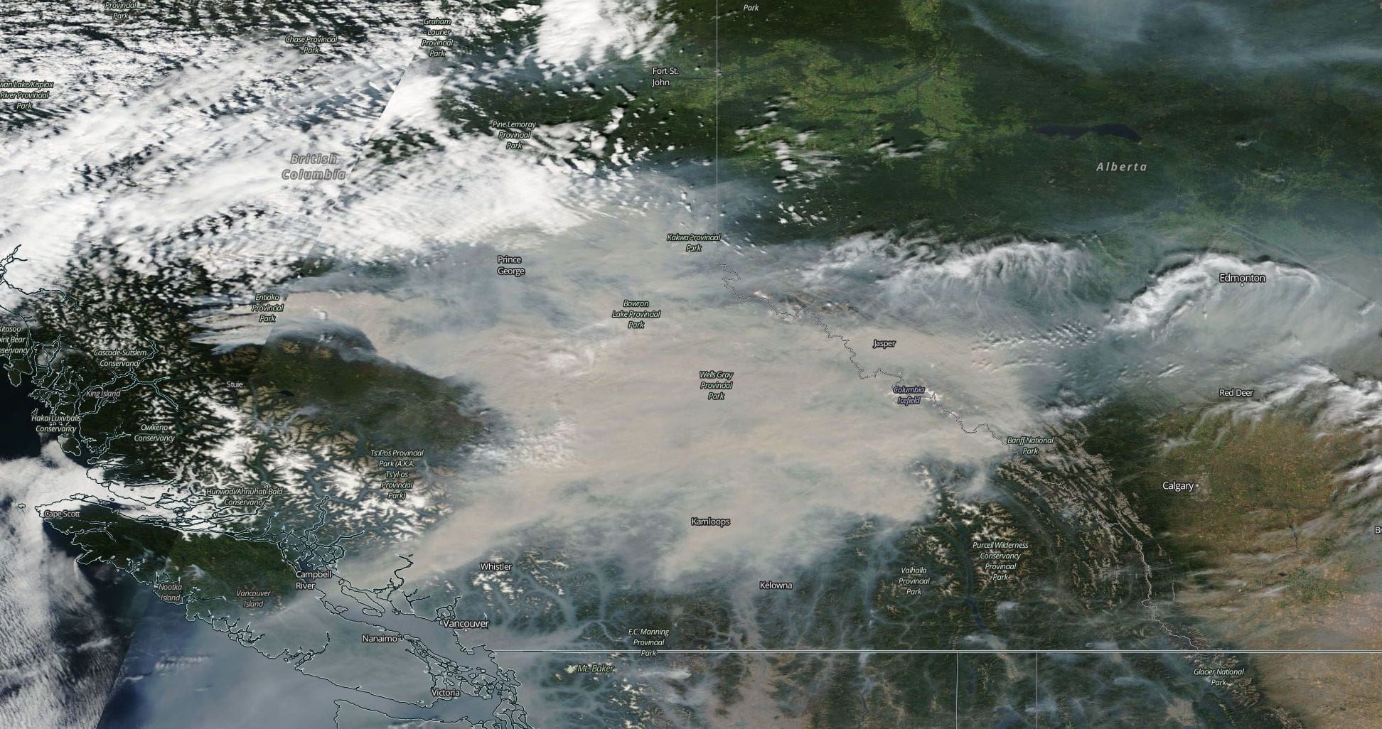Smoke from wildfires over western Canada on August 14th, 2018. (NASA)