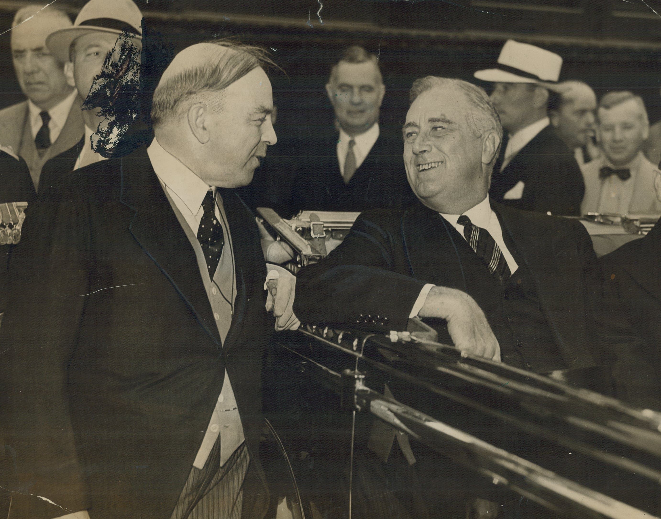 In this picture taken on Aug. 18, 1938, prime minister William Lyon Mackenzie King (left) met U.S. president Franklin Delano Roosevelt's 40-car procession at Kingston station upon his arrival in Canada to deliver a speech at Queen's University. 'No sooner had President Roosevelt's promise of aid from the United States to Canada, should it be threatened by an aggressor, been spoken at Queen's university in Kingston today than the whole empire applauded,' the Star wrote at the time. (Photo by Toronto Star Archives/Toronto Star via Getty Images)