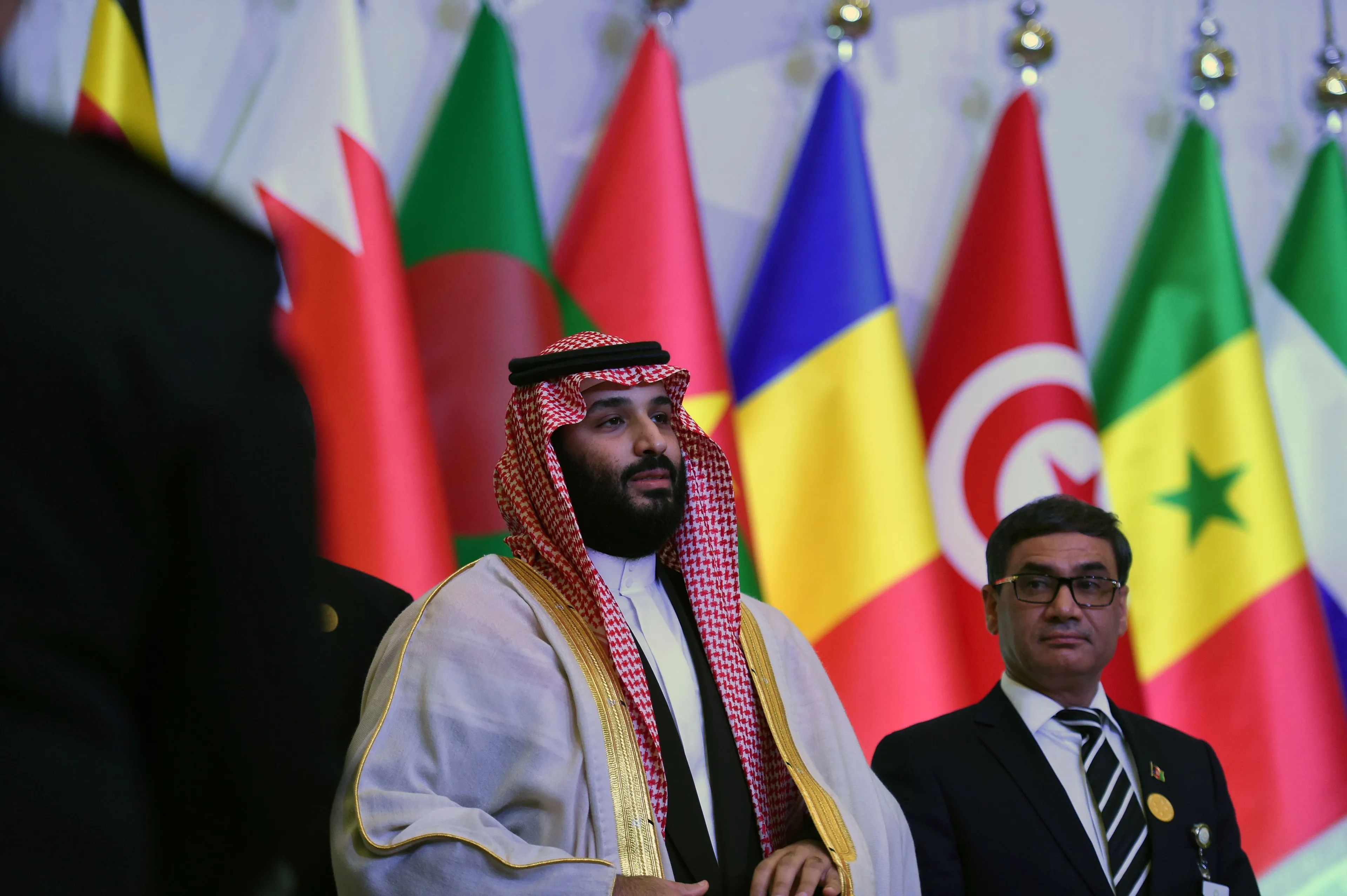 Saudi Crown Prince Mohammed bin Salman poses for a group picture with other defence ministers and officials of the 41-member Saudi-led Muslim counter-terrorism alliance in the capital Riyadh (FAYEZ NURELDINE/AFP/Getty Images)