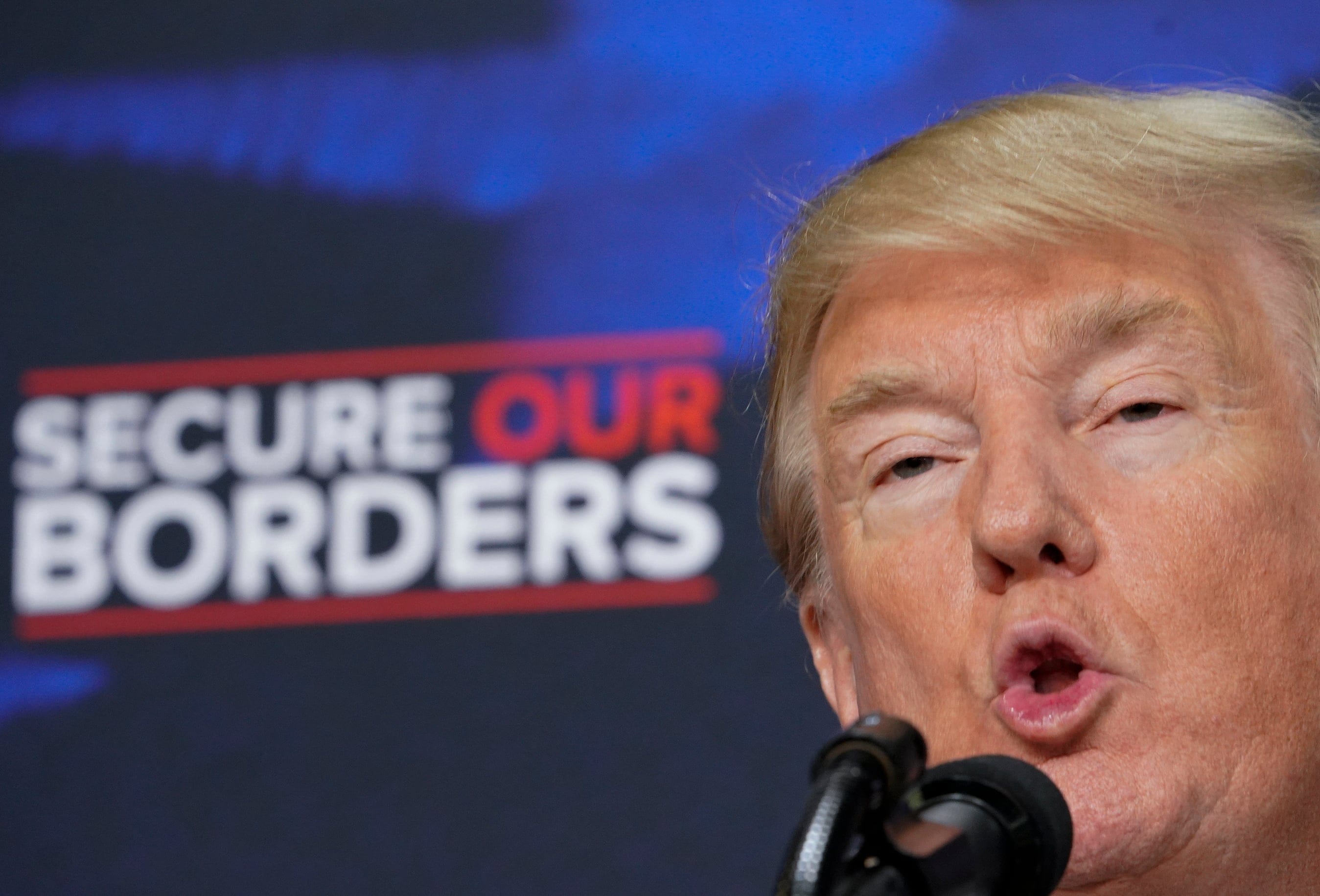 U.S. President Donald Trump speaks about immigration on June 22, 2018, in Washington, DC, next to people holding posters of victims allegedly killed by illegal immigrants. (MANDEL NGAN/AFP/Getty Images)