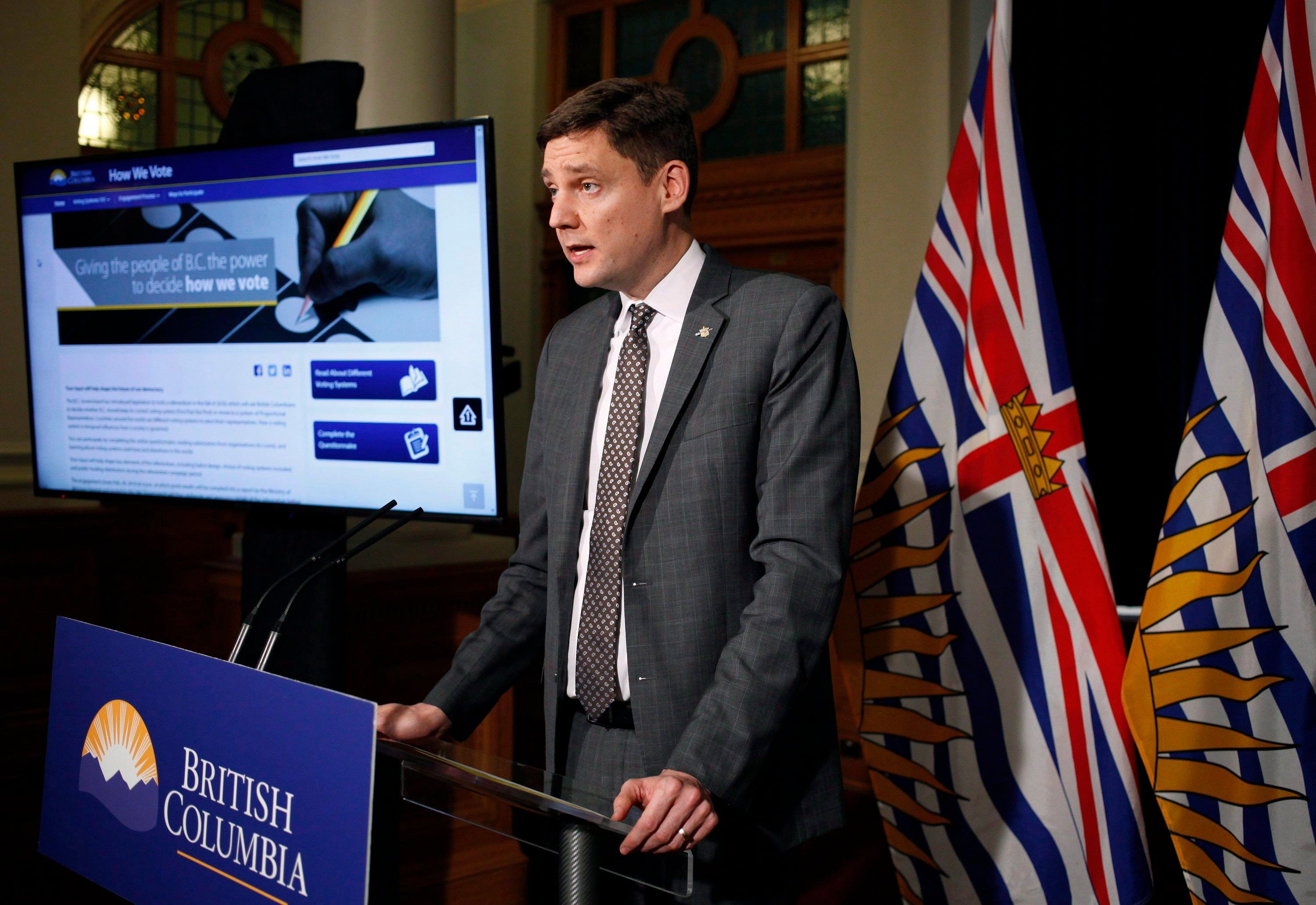 B.C. Attorney General David Eby speaks to media following the public engagement launch for the provincial referendum on electoral reform during a press conference in Victoria, B.C., on Thursday, Nov. 23, 2017. (THE CANADIAN PRESS/Chad Hipolito)