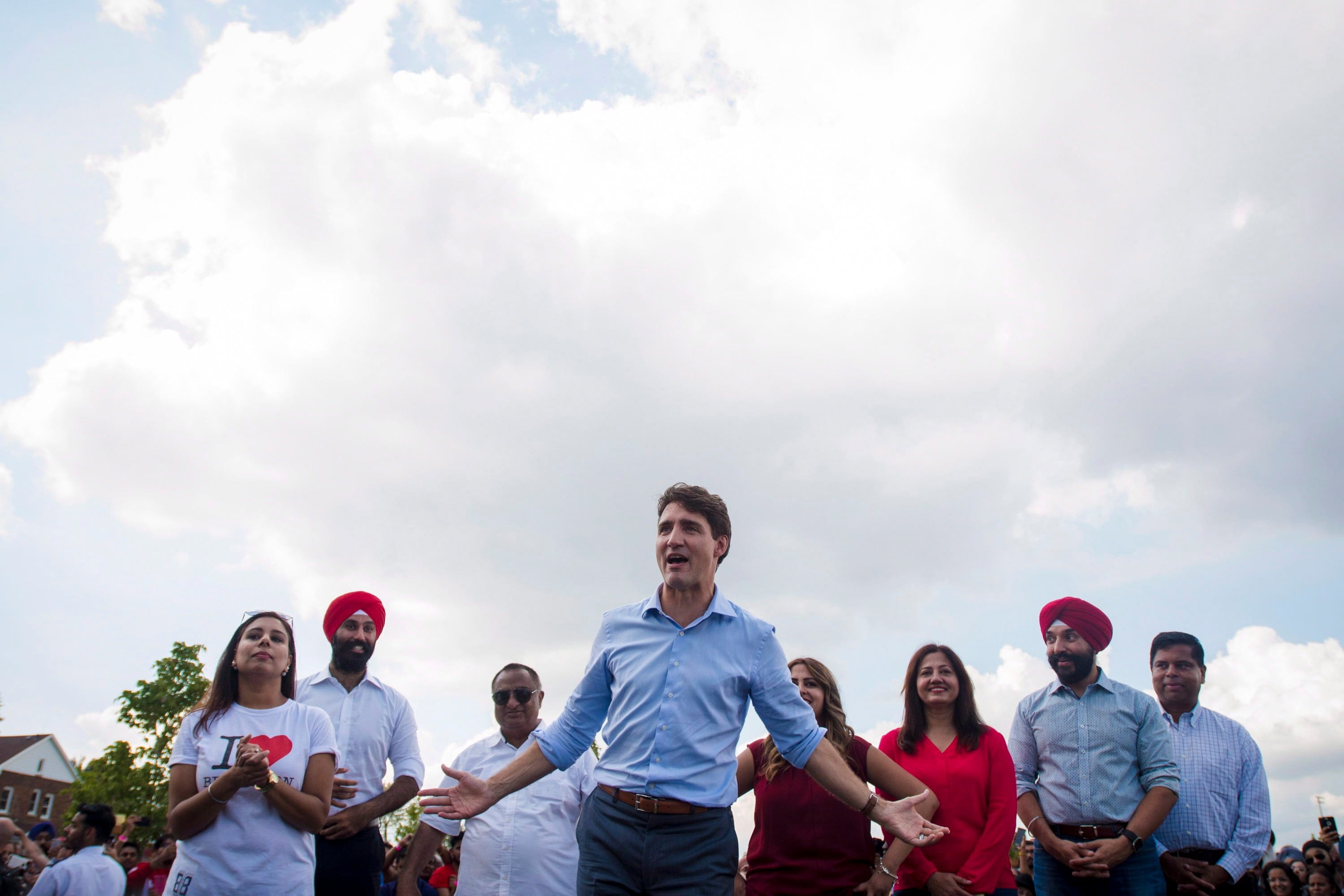 Prime Minister Justin Trudeau delivers remarks to supporters during a community barbecue in Brampton, Ont., on Saturday, Sept. 15, 2018. (THE CANADIAN PRESS/ Tijana Martin)