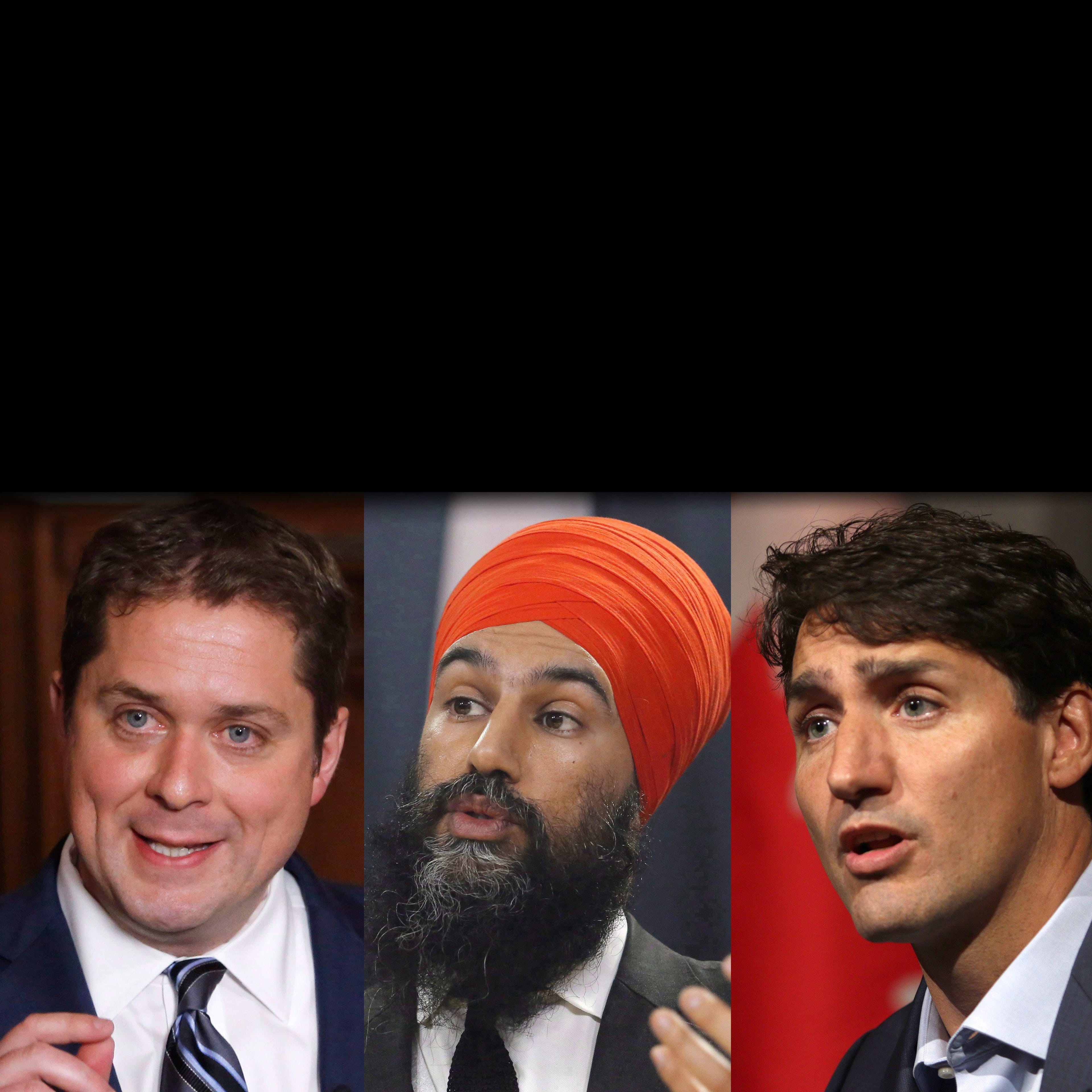 Andrew Scheer, Jagmeet Singh, and Justin Trudeau. (Patrick Doyle/CP; Chad Hipolito/CP)