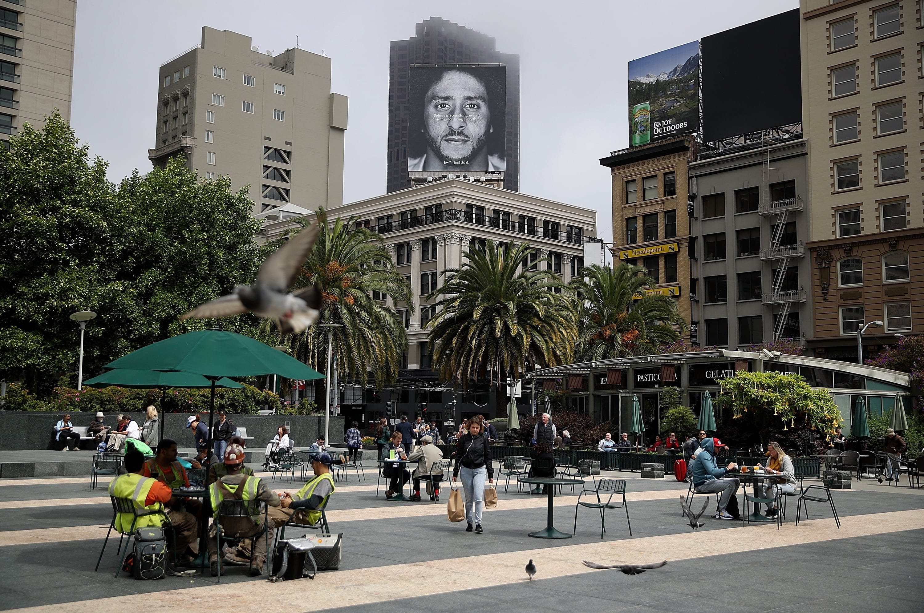 A billboard featuring former San Francisco 49ers quaterback Colin Kaepernick is displayed on the roof of the Nike Store on Sept. 5, 2018 in San Francisco, CA. (Justin Sullivan/Getty Images)