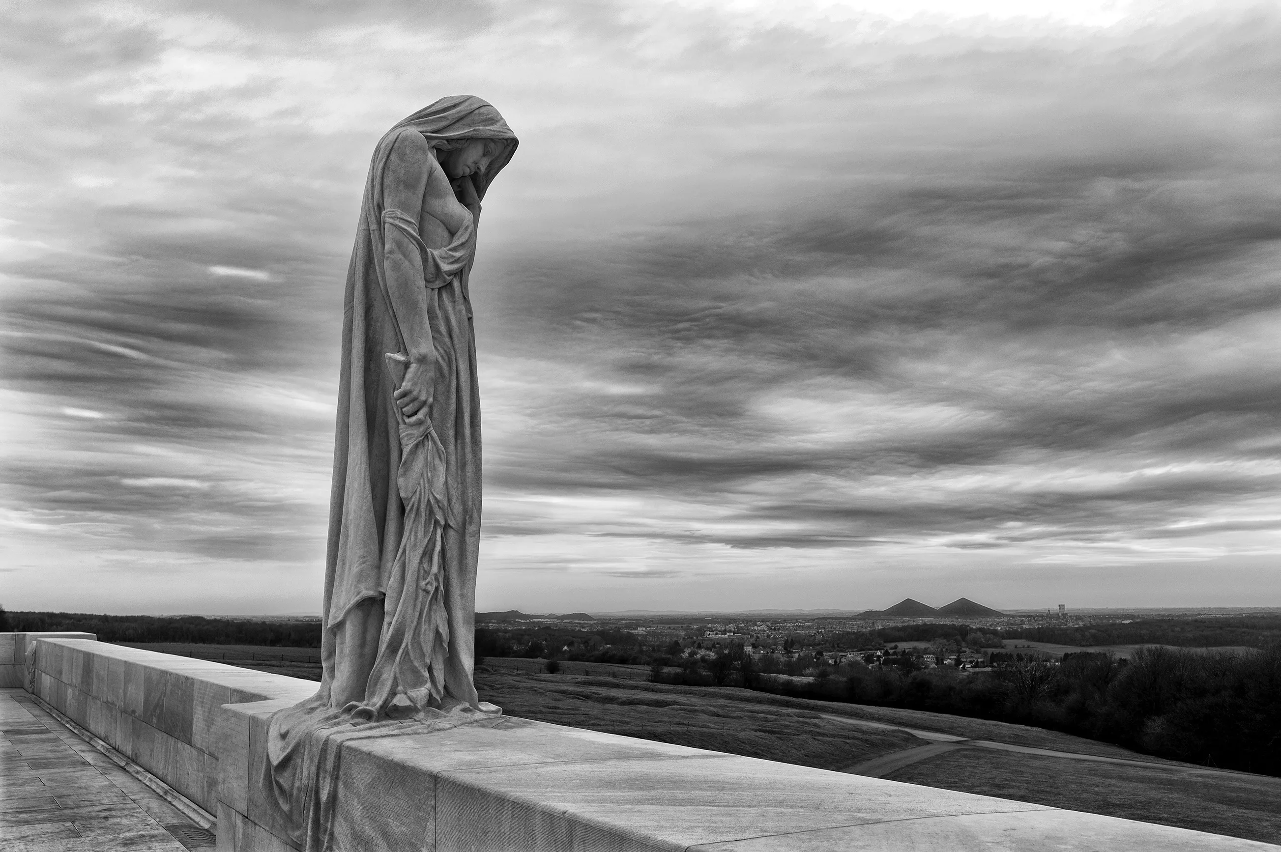 The statue known as Mother Canada looks out over Vimy Ridge as part of the memorial commemorating Canadian war losses near Arras, France. (Tom Stoddart/Getty Images)