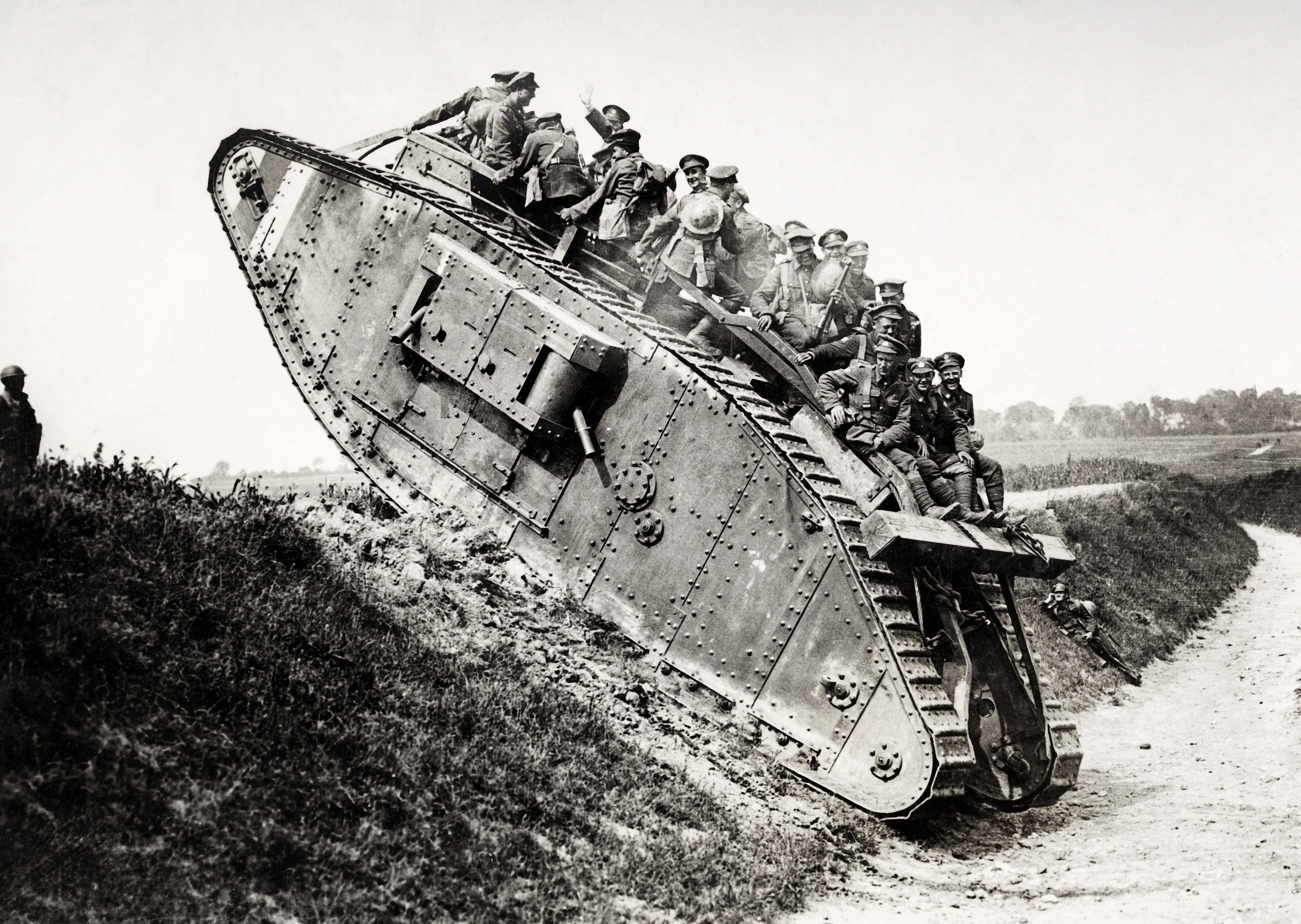 Canadian soldiers climbing the side of a sunken road in a tank during the First World War, circa 1915. (Popperfoto/Getty Images)