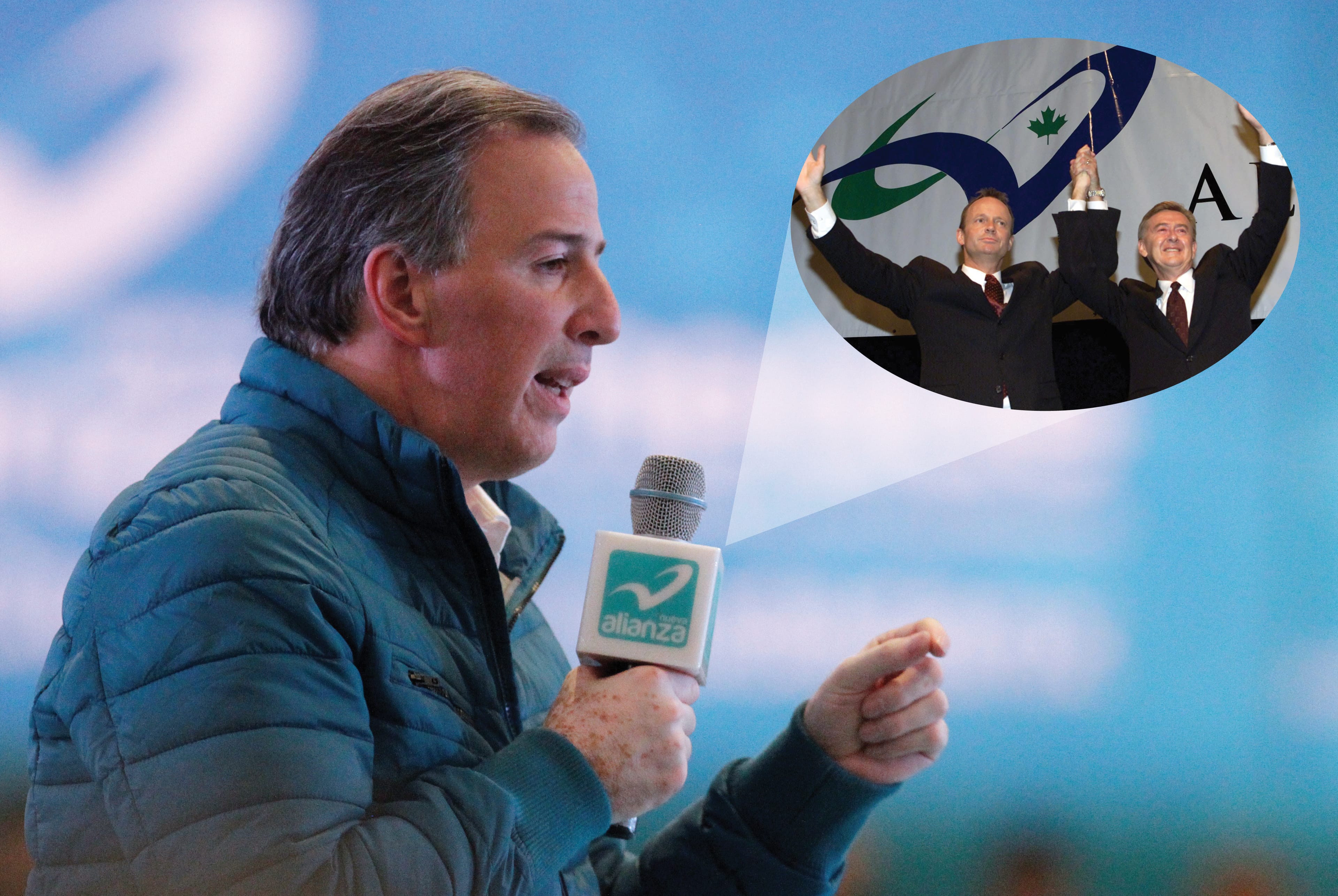Jose Antonio Meade delivers a speech during a meeting with Nueva Alianza (New Alliance) party members on Feb. 8, 2018. (Daniel Becerril/Reuters)
Inset: Canadian Alliance leadership candidates Stockwell Day (left) and Preston Manning on July 5, 2000. (Tom Hanson/CP)