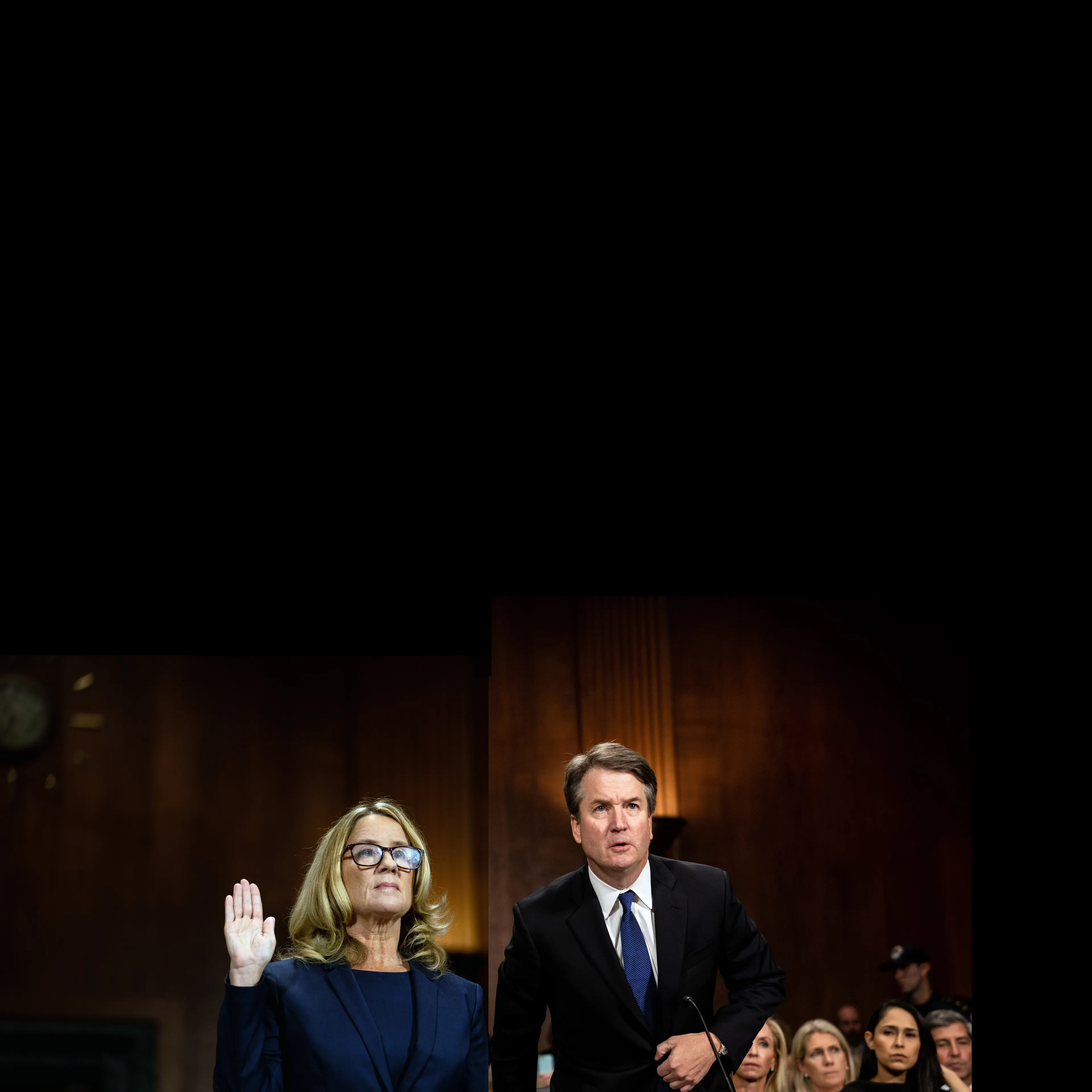 Dr. Christine Blasey Ford (left) is sworn in at a Senate Judiciary Committee hearing in Washington on Thursday, Sept. 27, 2018. Judge Brett Kavanaugh (right) arrives to testify before the Senate Judiciary Committee later in the day. (Erin Schaff/The New York Times/Redux)