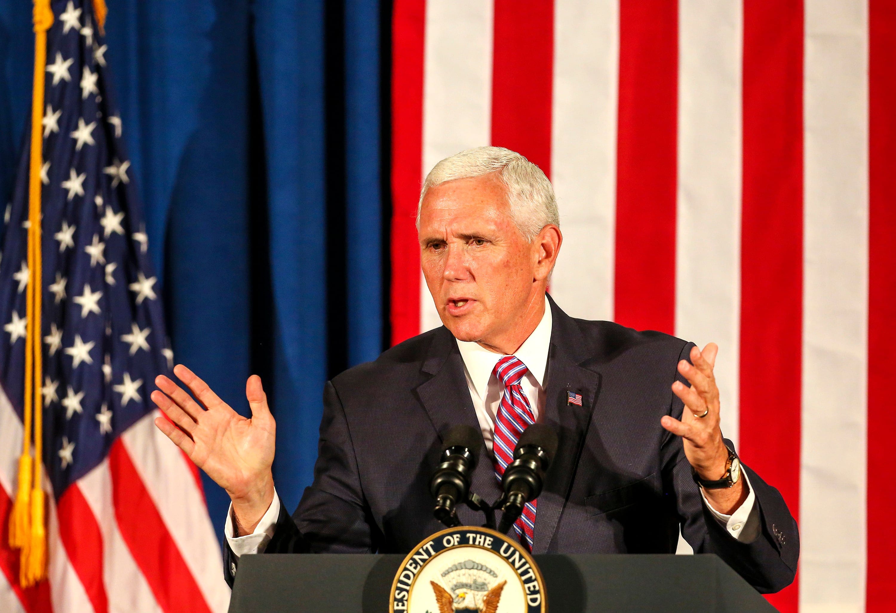Vice President Mike Pence speaks at the Marriott Orlando Downtown during a campaign rally and luncheon for Florida Gov. Rick Scott's senate campaign on Thursday, Sept. 6, 2018. (Jacob Langston/Orlando Sentinel/TNS via Getty Images)