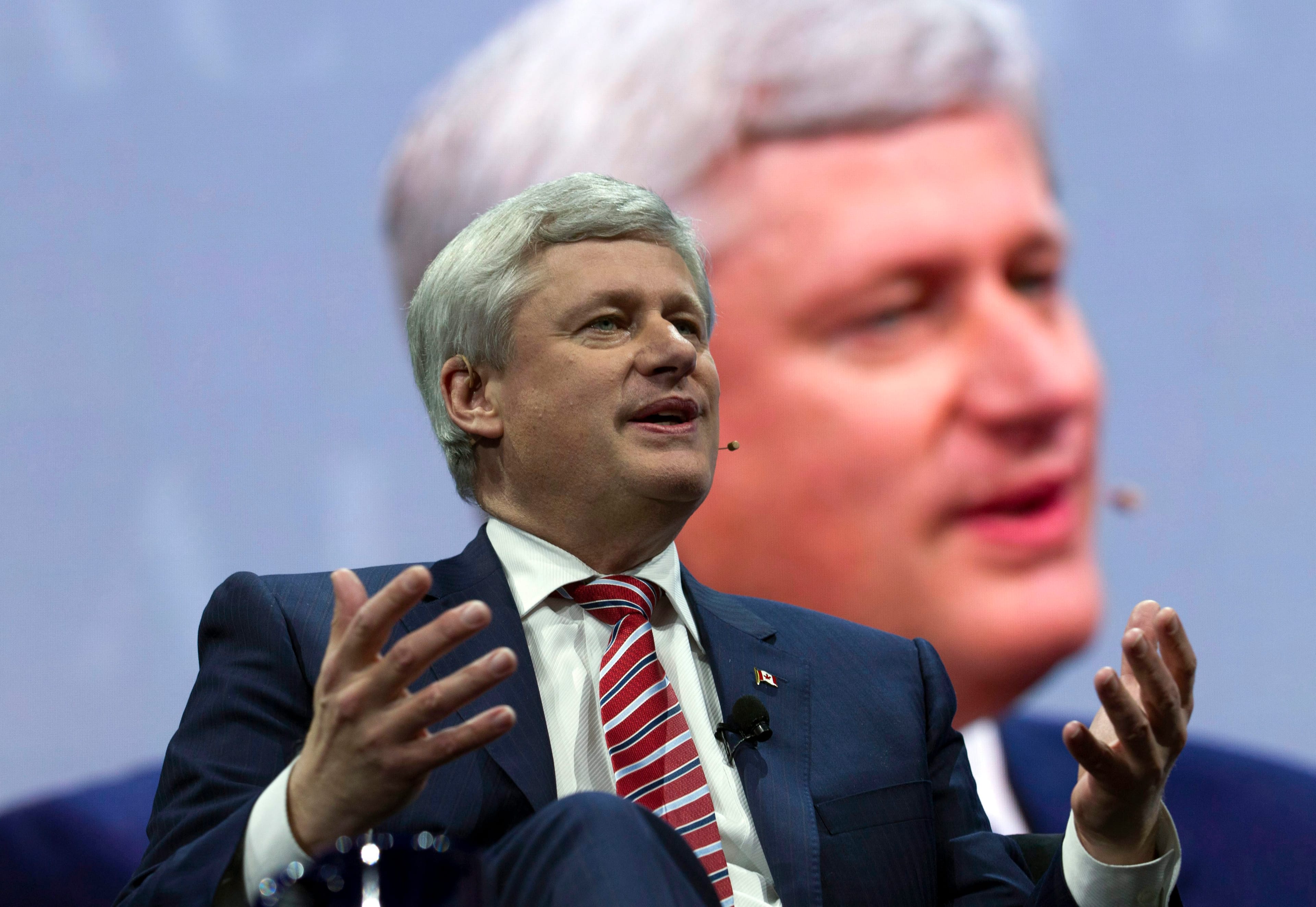 Former prime minister of Stephen Harper speaks at the 2017 American Israel Public Affairs Committee (AIPAC) policy conference in Washington, Sunday, March 26, 2017. (AP Photo/Jose Luis Magana)