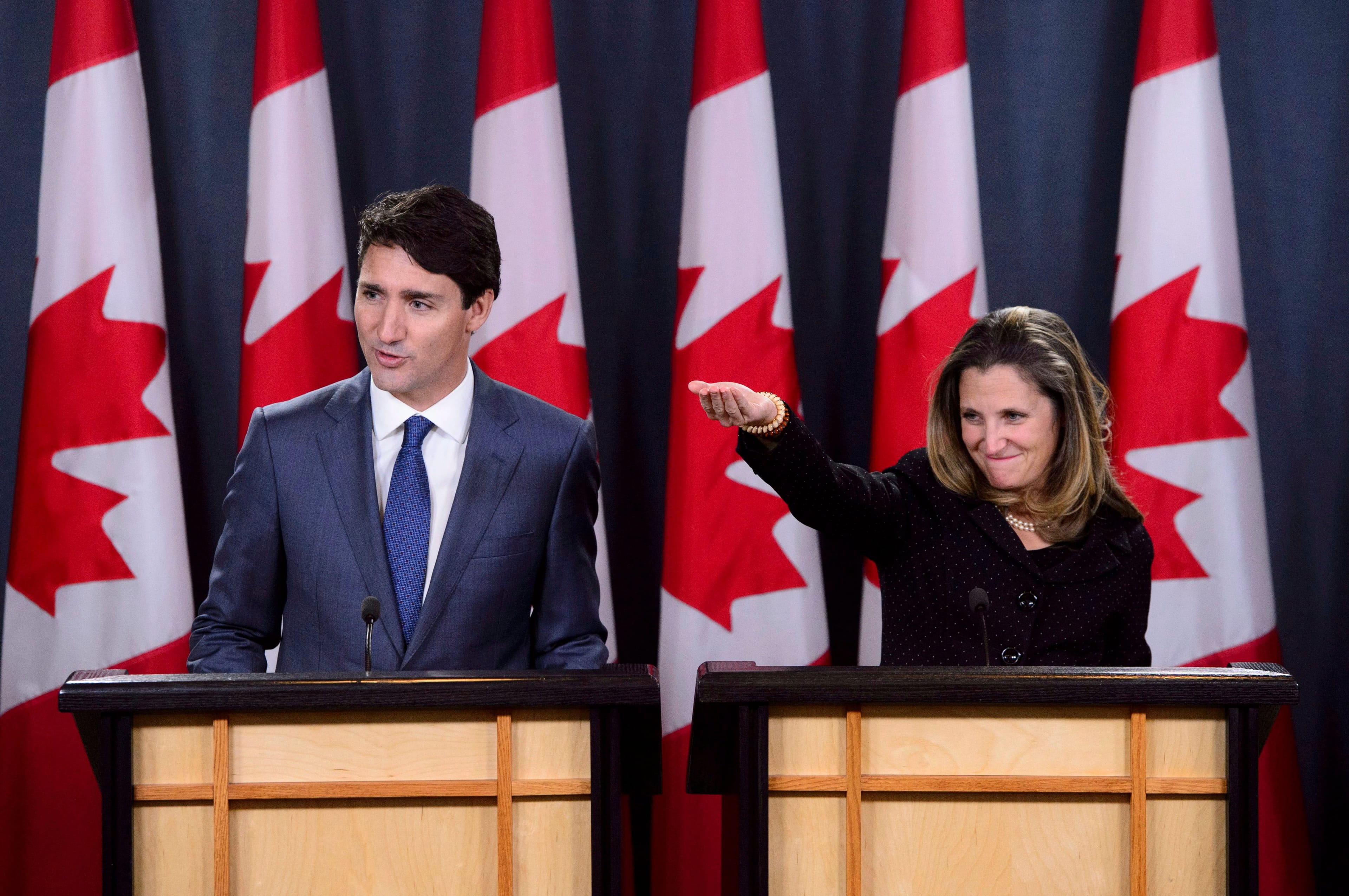 Prime Minister Justin Trudeau and Minister of Foreign Affairs Chrystia Freeland hold a press conference regarding the United States Mexico Canada Agreement (USMCA) at the National Press Theatre, in Ottawa on Monday, Oct. 1, 2018. (THE CANADIAN PRESS/Sean Kilpatrick)