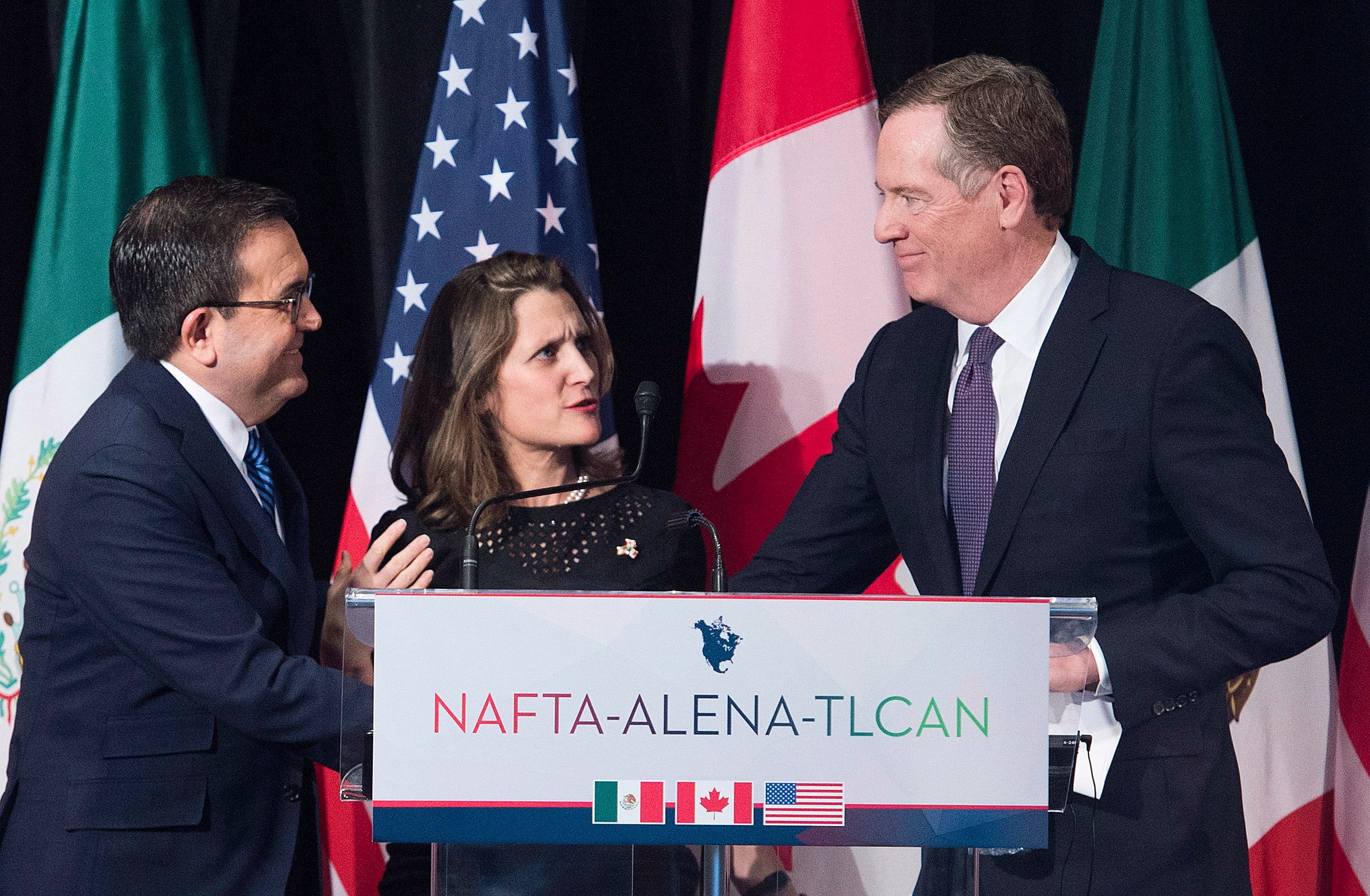 Foreign Affairs Minister Chrystia Freeland talks with U.S. Trade Representative Robert Lighthizer and Mexico's Secretary of Economy Ildefonso Guajardo Villarreal (Graham Hughes/The Canadian Press via AP, File)