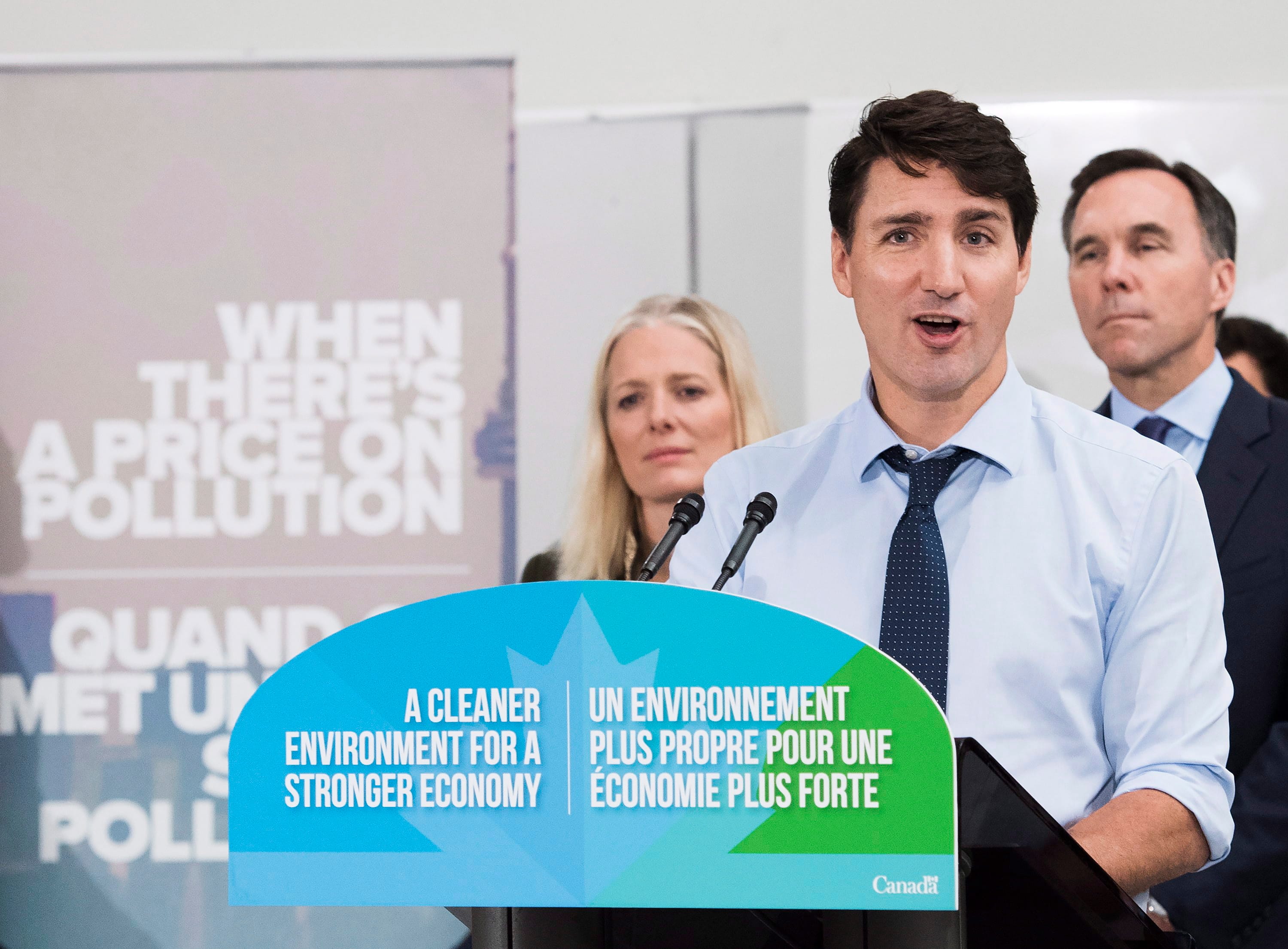 Prime Minister Justin Trudeau speaks at Humber College regarding the new federally-imposed carbon tax in Toronto on Tuesday, Oct. 23, 2018. (THE CANADIAN PRESS/Nathan Denette)
