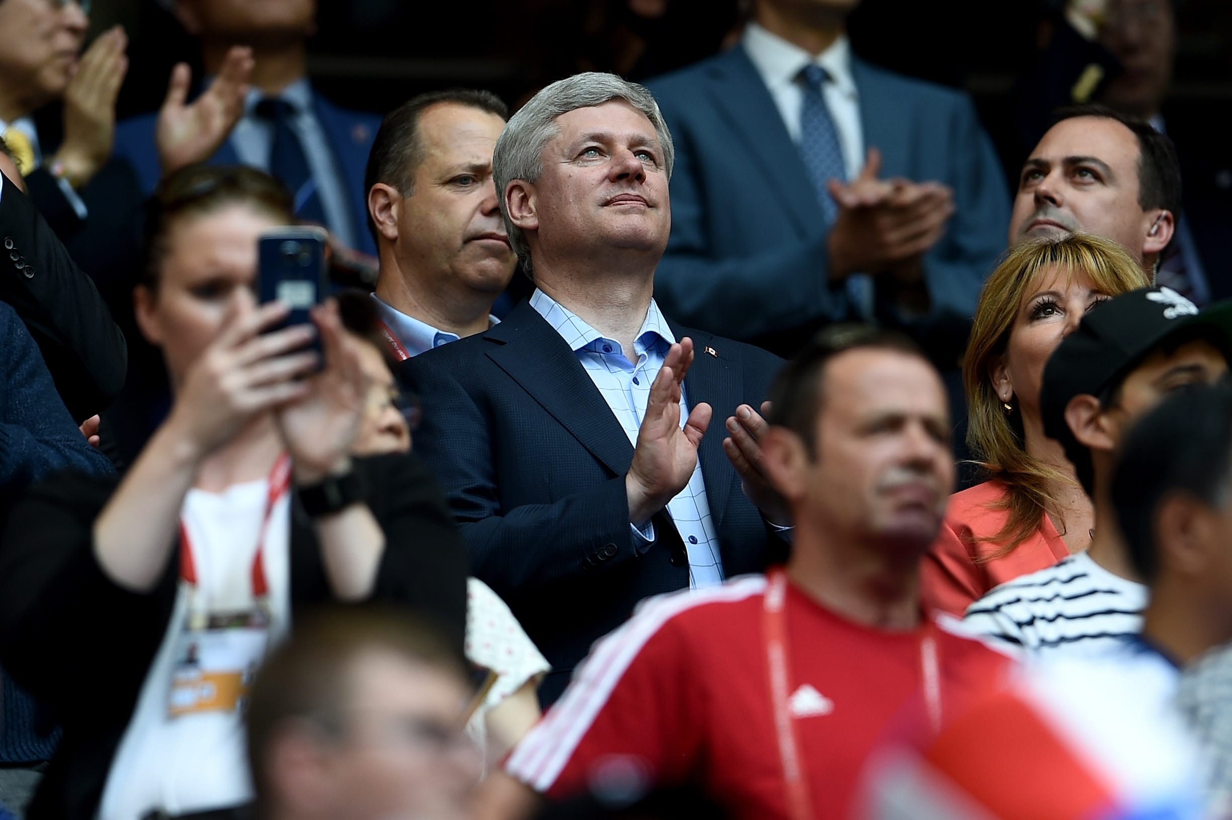 Stephen Harper in the stands before the FIFA Women's World Cup Canada 2015 Final at BC Place Stadium on July 5, 2015 in Vancouver (Photo by Dennis Grombkowski/Getty Images)