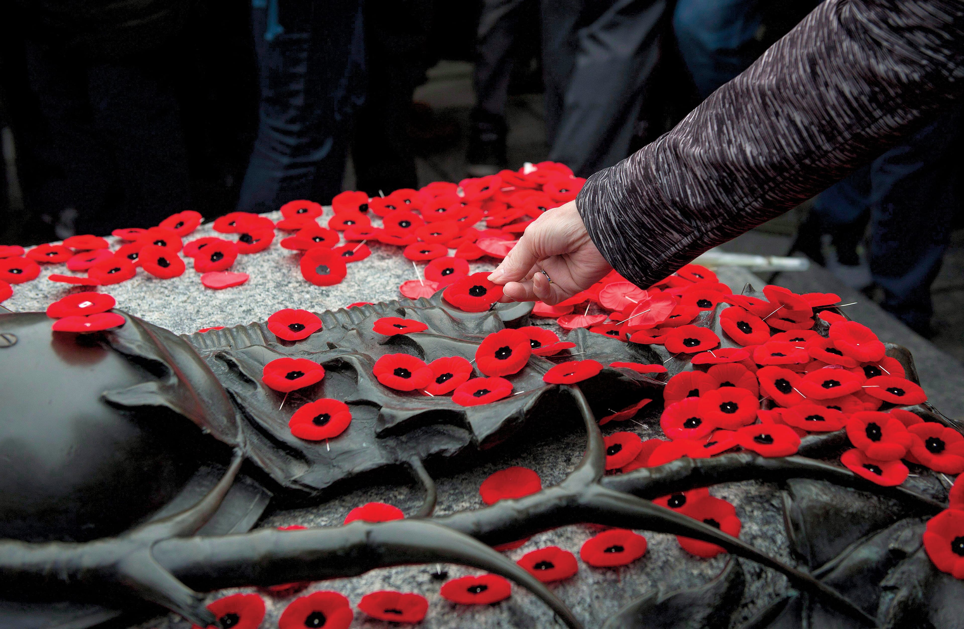 People place poppies on the Tomb of the Unknown Soldier at the National War Memorial following the Remembrance Day ceremony in Ottawa on Nov. 11, 2015. (Justin Tang/CP)