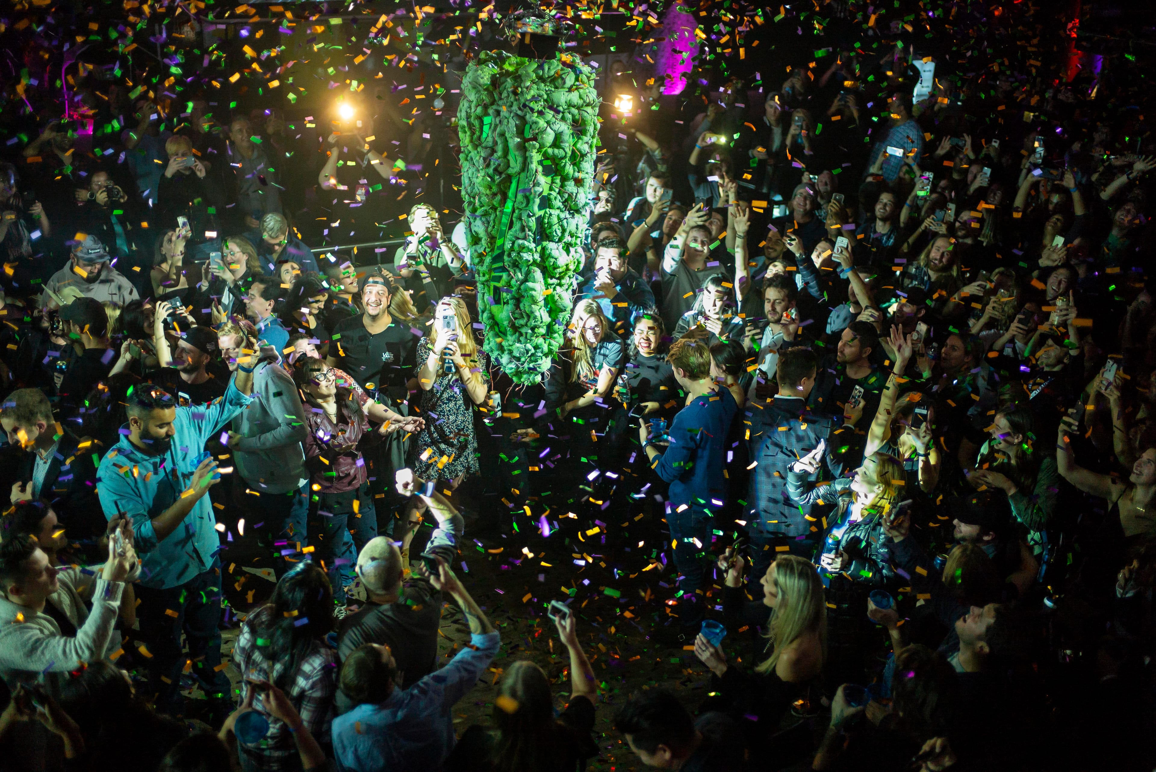 TORONTO, ON - OCTOBER 17: Torontonians gather at a local concert venue to watch the "bud drop" at the stroke of midnight, in celebration of the legalization of recreational cannabis use on October 17, 2018 in Toronto, Canada. (Photo by Ian Willms/Getty Images)