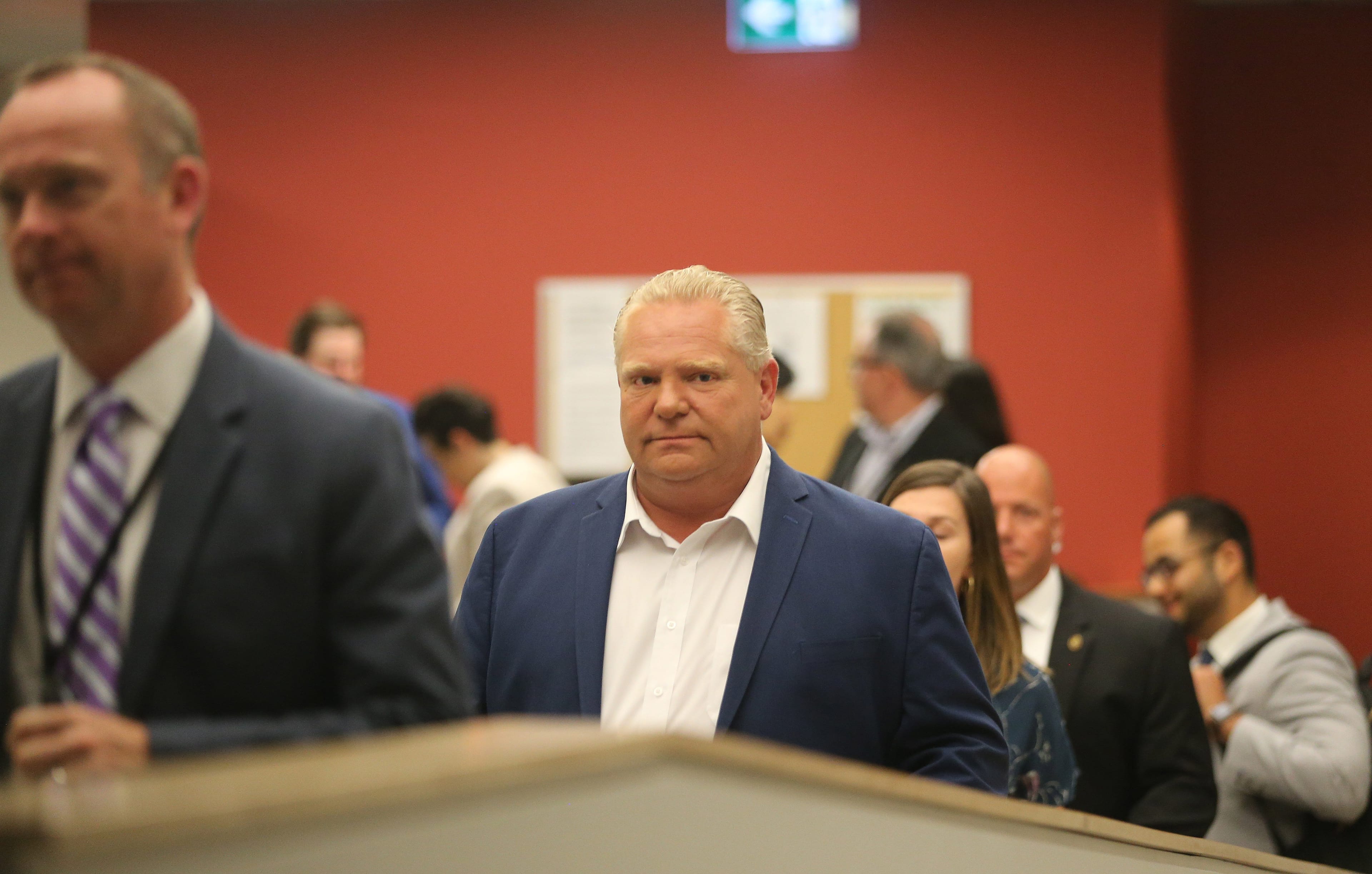 TORONTO, ON- MAY 27 - PC Leader Doug Ford leaves after a post-debate scrum. Leaders of the provincial political parties scrum with media after the final leadership debate before the election at the CBC Building on Front Street in Toronto. May 27, 2018. (Steve Russell/Toronto Star via Getty Images)