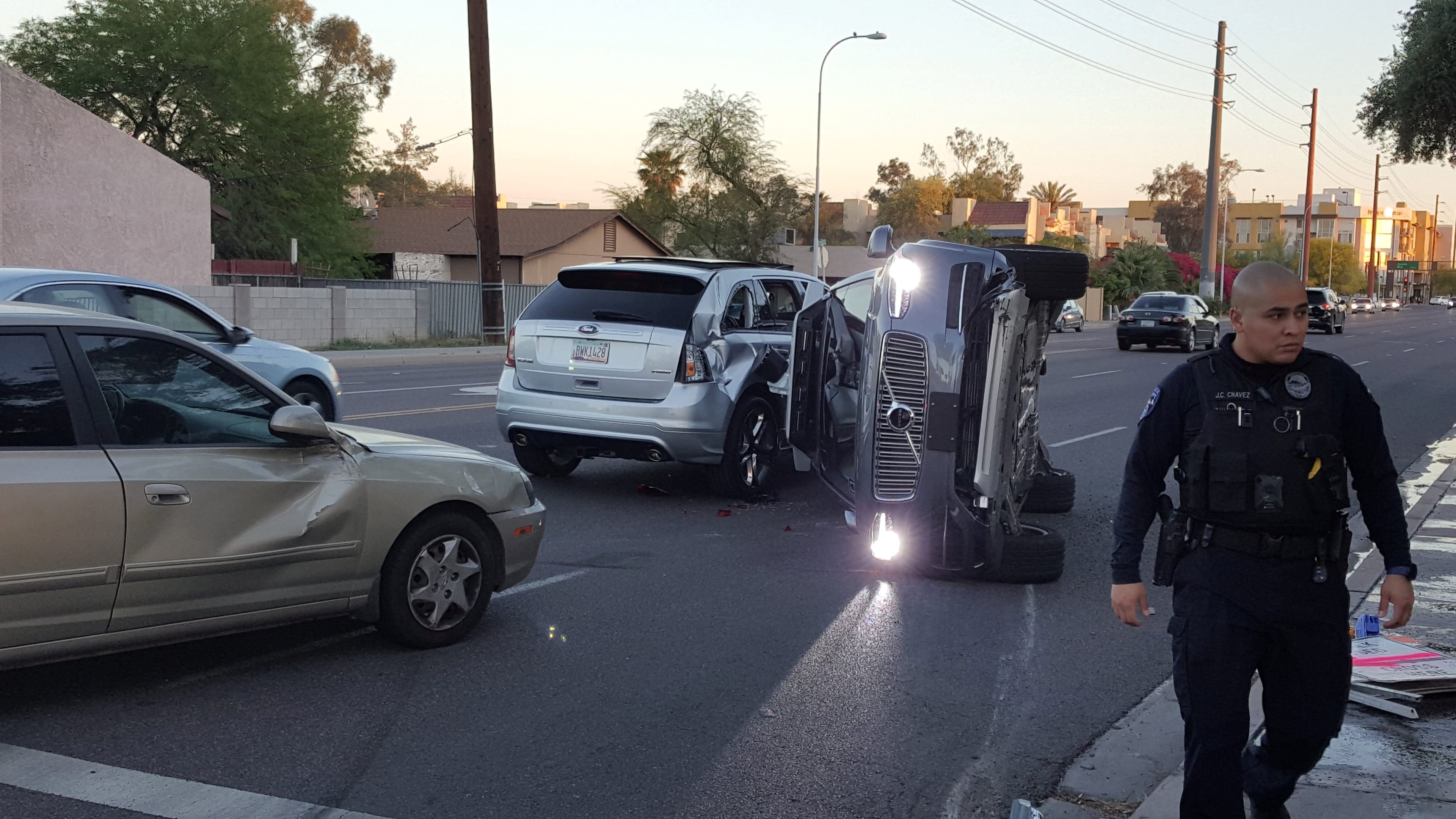 A self-driven Volvo SUV owned and operated by Uber Technologies Inc. is flipped on its side after a collision in Tempe, Arizona, U.S. on March 24, 2017. (Mark Beach/Fresco News/Reuters)