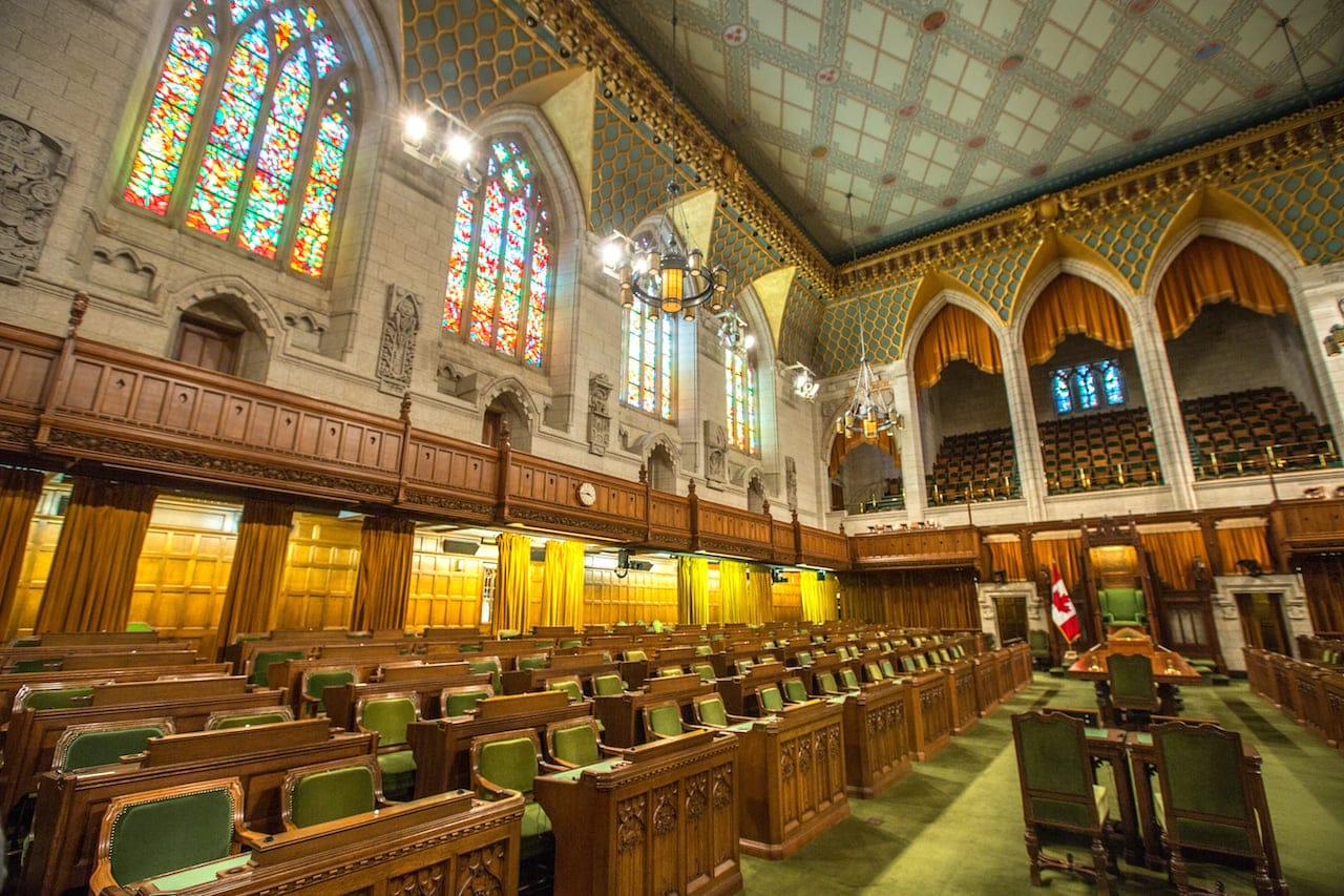The House of Commons in the Canadian Parliament Building, in Ottawa, Ontario.