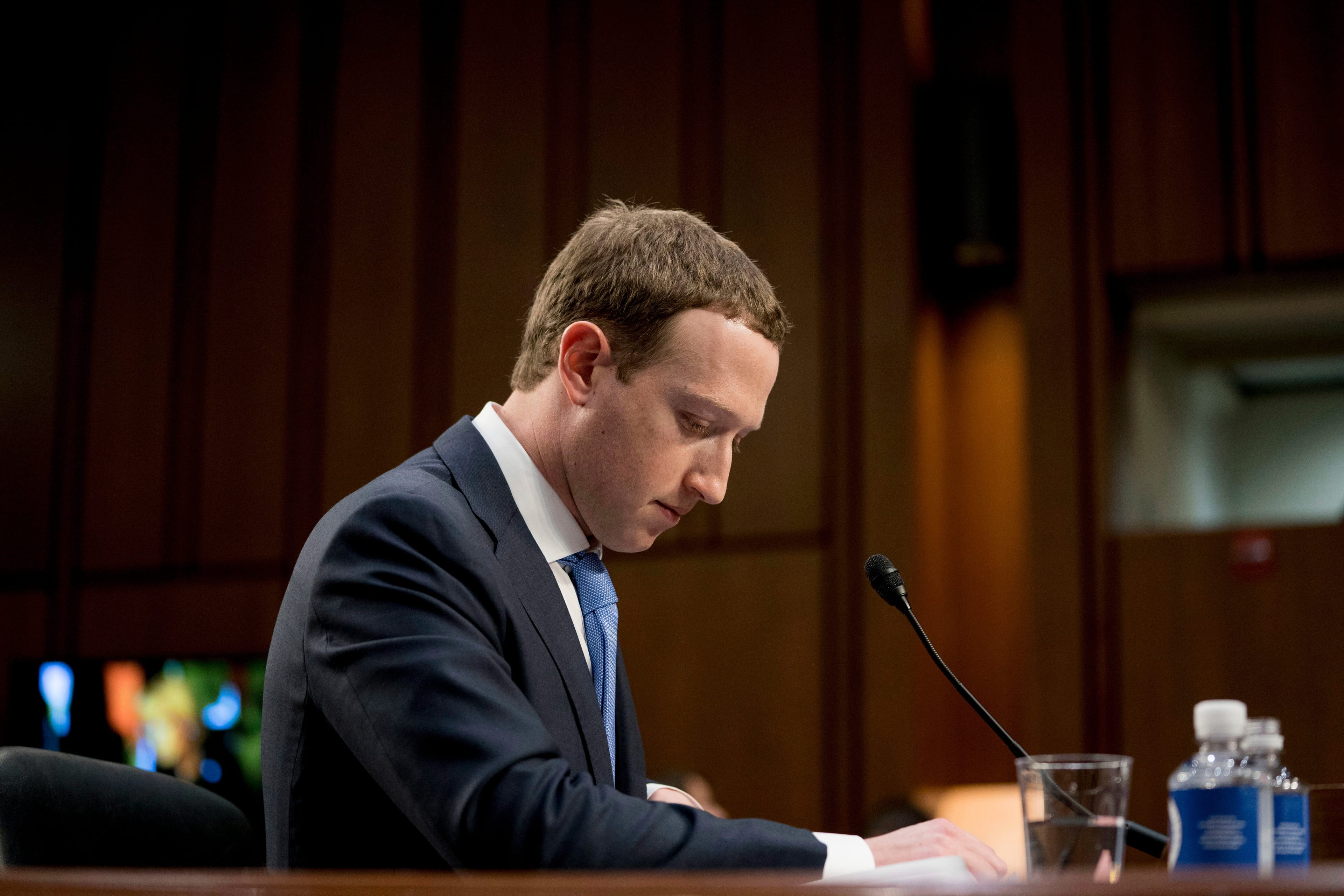 Facebook CEO Mark Zuckerberg testifies on April 10, 2018, before a joint hearing of the Commerce and Judiciary Committees on Capitol Hill in Washington about the use of Facebook data in the 2016 election. (AP Photo/Andrew Harnik)
