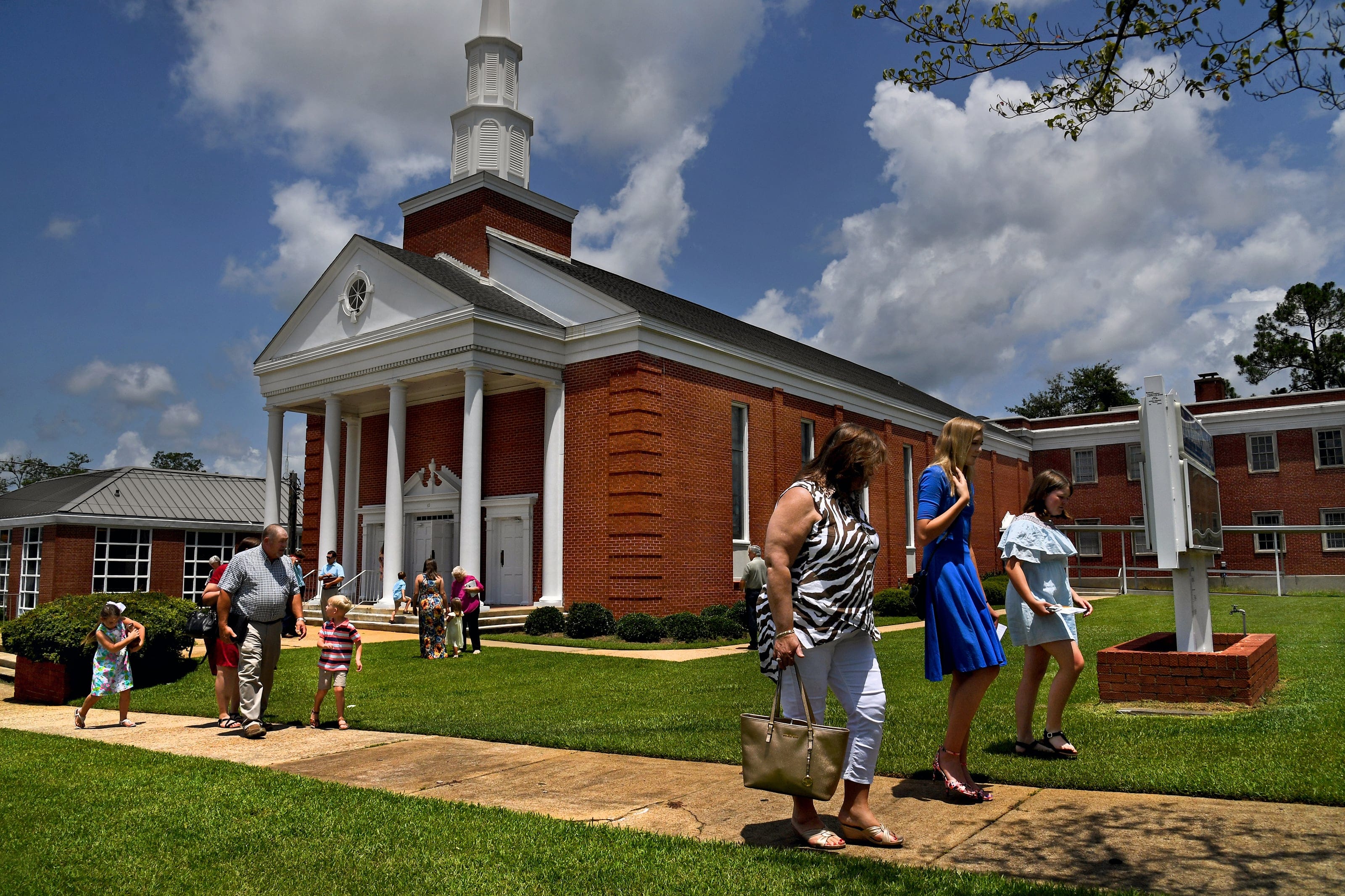 Church goers leave the First Baptist Church of Luverne after a recent Sunday service in Luverne, Alabama. (Michael S. Williamson/The Washington Post via Getty Images)