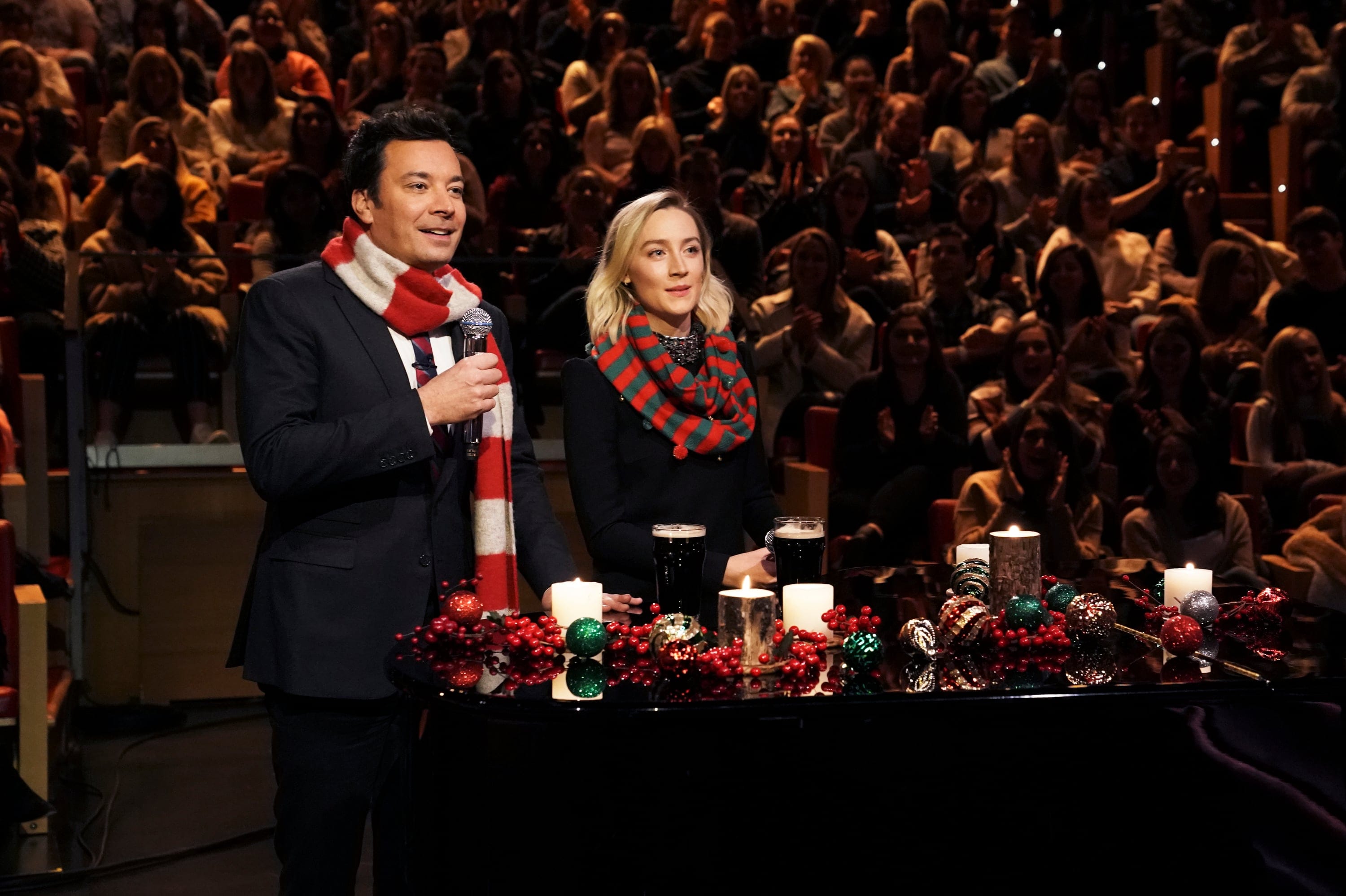 The Tonight Show host Jimmy Fallon and actress Saoirse Ronan sing "Fairytale of New York" on Dec. 4, 2018. (Photo by Andrew Lipovsky/NBC/NBCU Photobank)