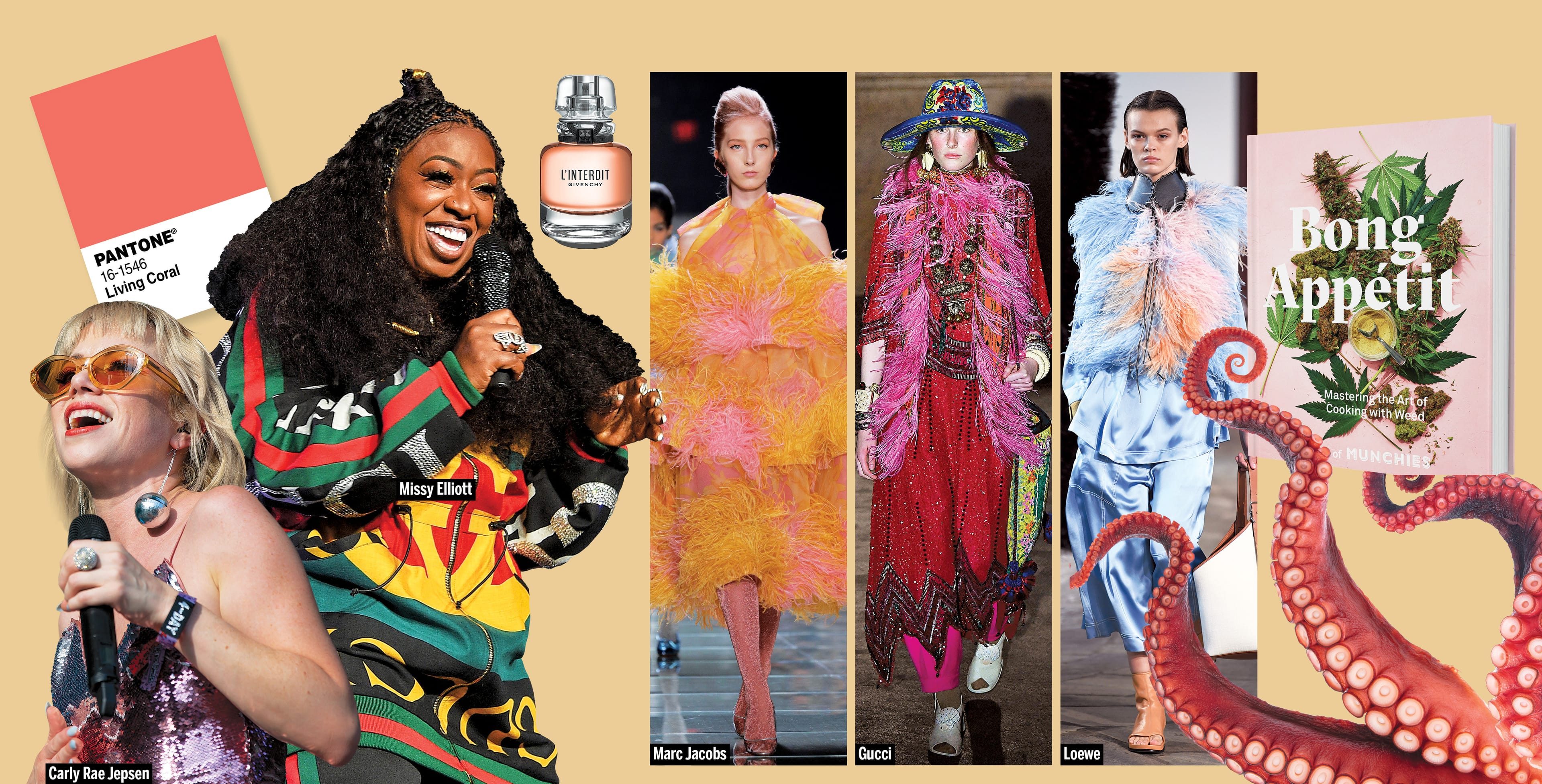 Depending on your sensual preference, 2019 might be dominated by (left to right): this Pantone shade; Hepburn's rebooted scent; Jepsen and Elliott's new jams; feathered finery; weed-accented grub; or octopus as the latest food trend (Photo illustration by Lauren Cattermole)