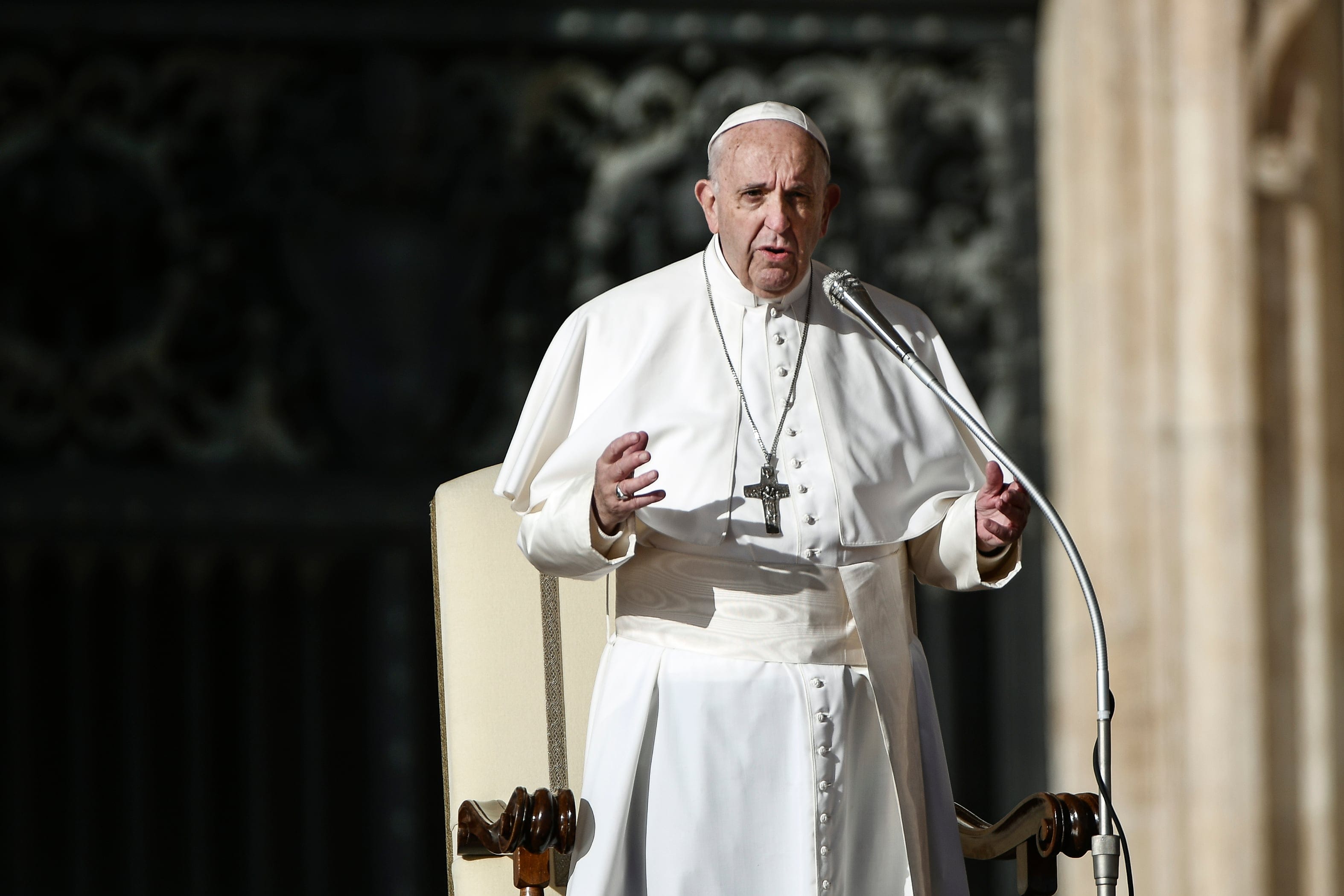Pope Francis delivers his message to the faithful during the weekly general audience at St. Peter's square in the Vatican on November 21, 2018. (FILIPPO MONTEFORTE/AFP/Getty Images)