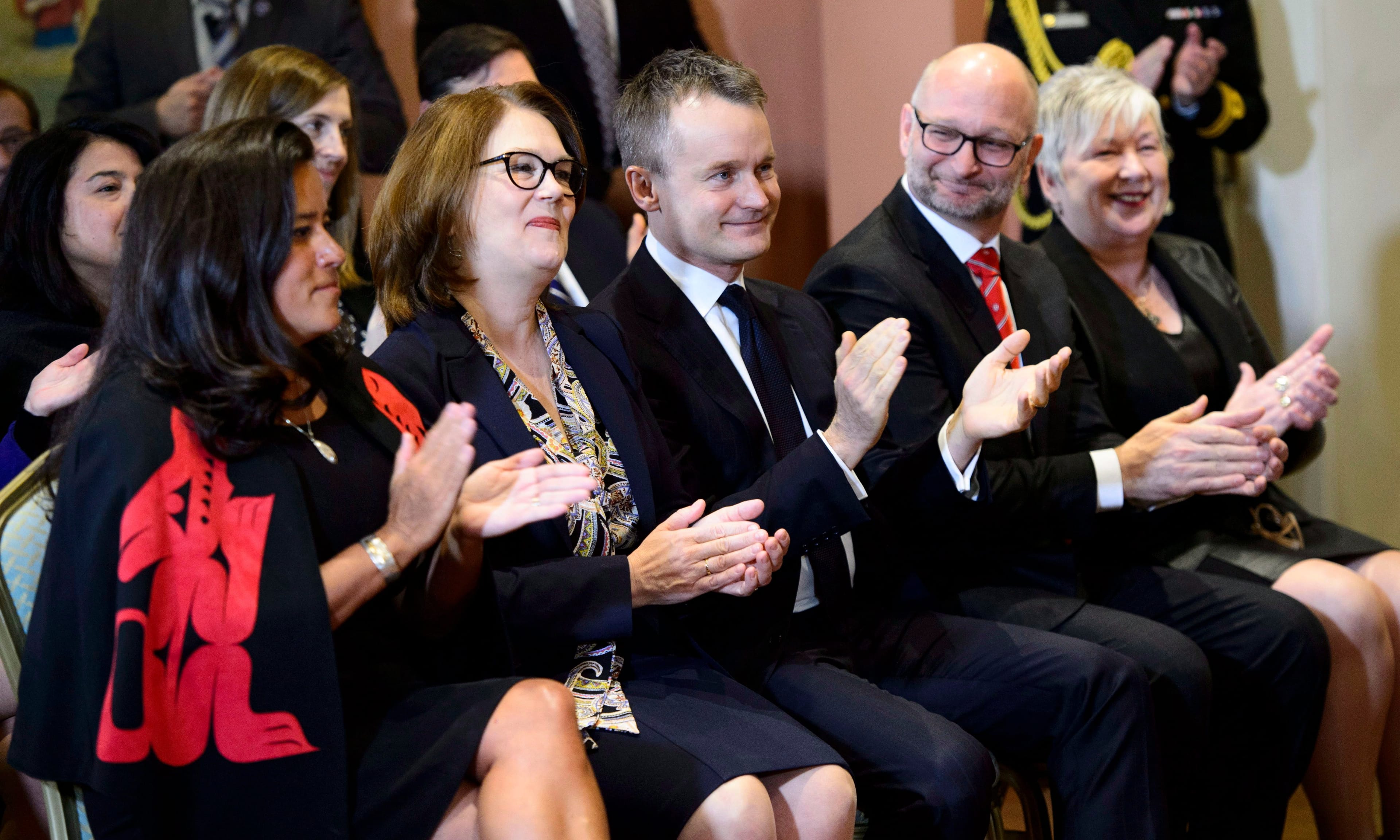 O'Regan, centre, sits with outgoing Indigenous services minister Jane Philpott to his right at Monday's swearing-in ceremony. Also pictured: Veterans Affairs Minister Jody Wilson-Raybould, far left; Justice Minister David Lametti, centre right; and Minister of Rural Economic Development Bernadette Jordan, far right (Sean Kilpatrick/CP)