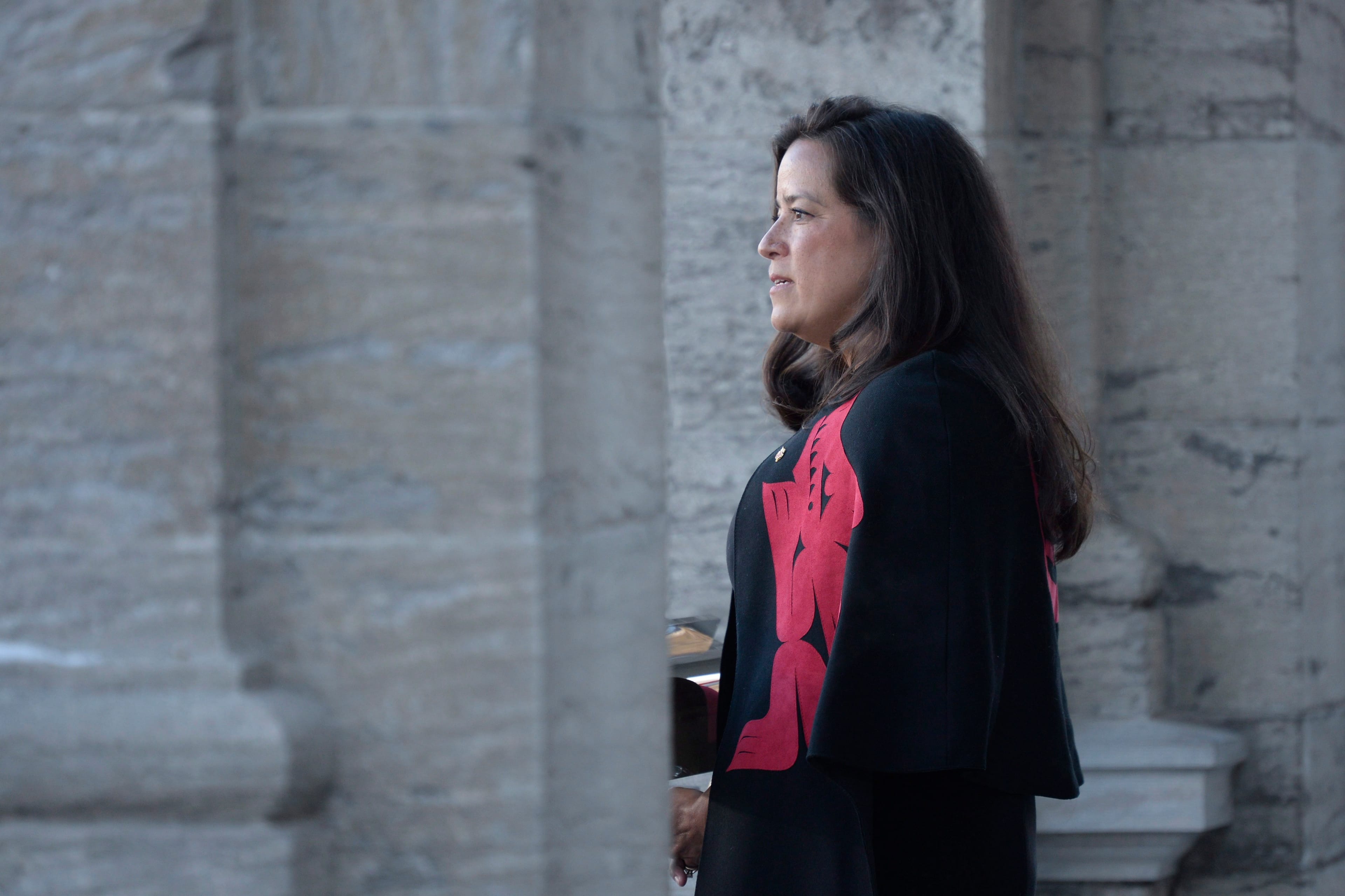 Former jusitice minister Wilson-Raybould addressing the media after being shuffled to the Veterans Affairs portfolio. (THE CANADIAN PRESS/Adrian Wyld)