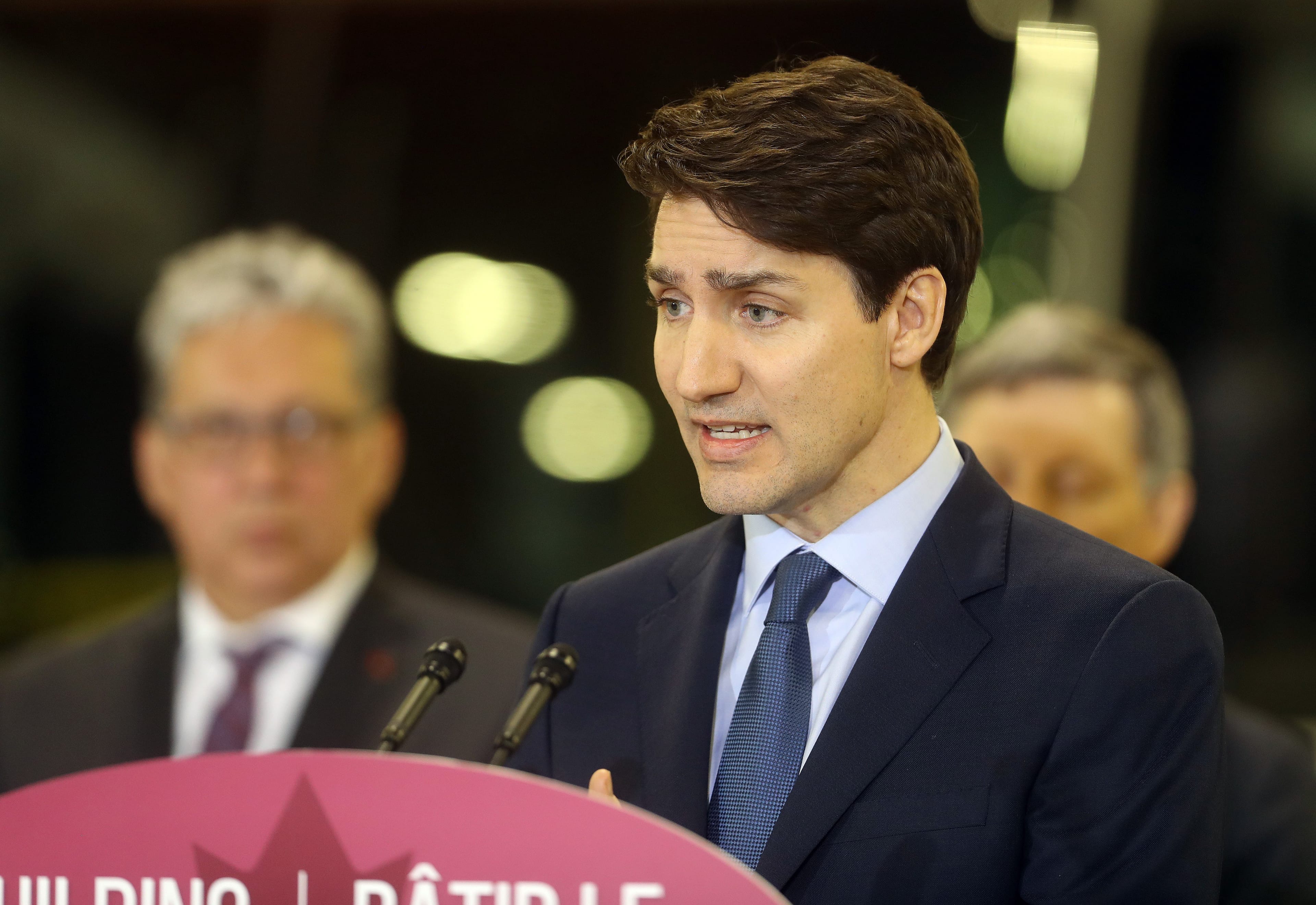 Trudeau speaks at a transit funding announcement at the Winnipeg Transit bus barn, Tuesday, Feb. 12, 2019. (THE CANADIAN PRESS/Trevor Hagan)