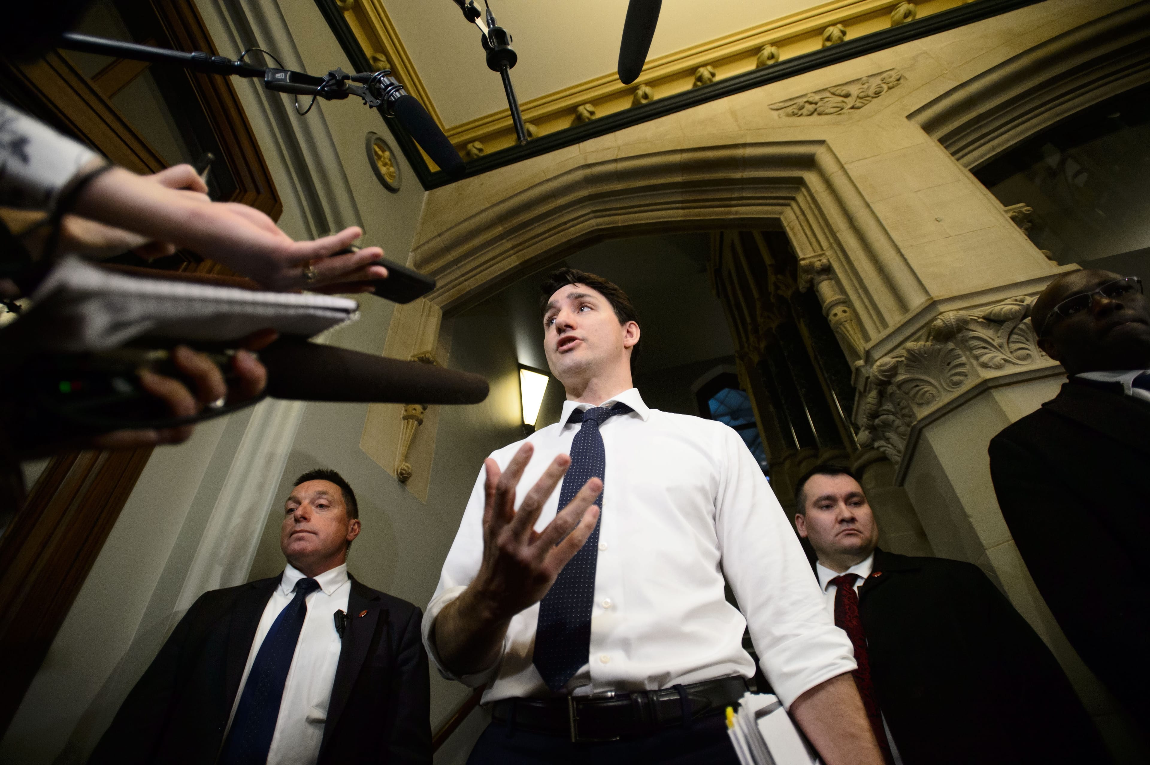 Trudeau arrives to a caucus meeting on Parliament Hill in Ottawa on Wednesday, Feb. 20, 2019. (THE CANADIAN PRESS/Sean Kilpatrick)