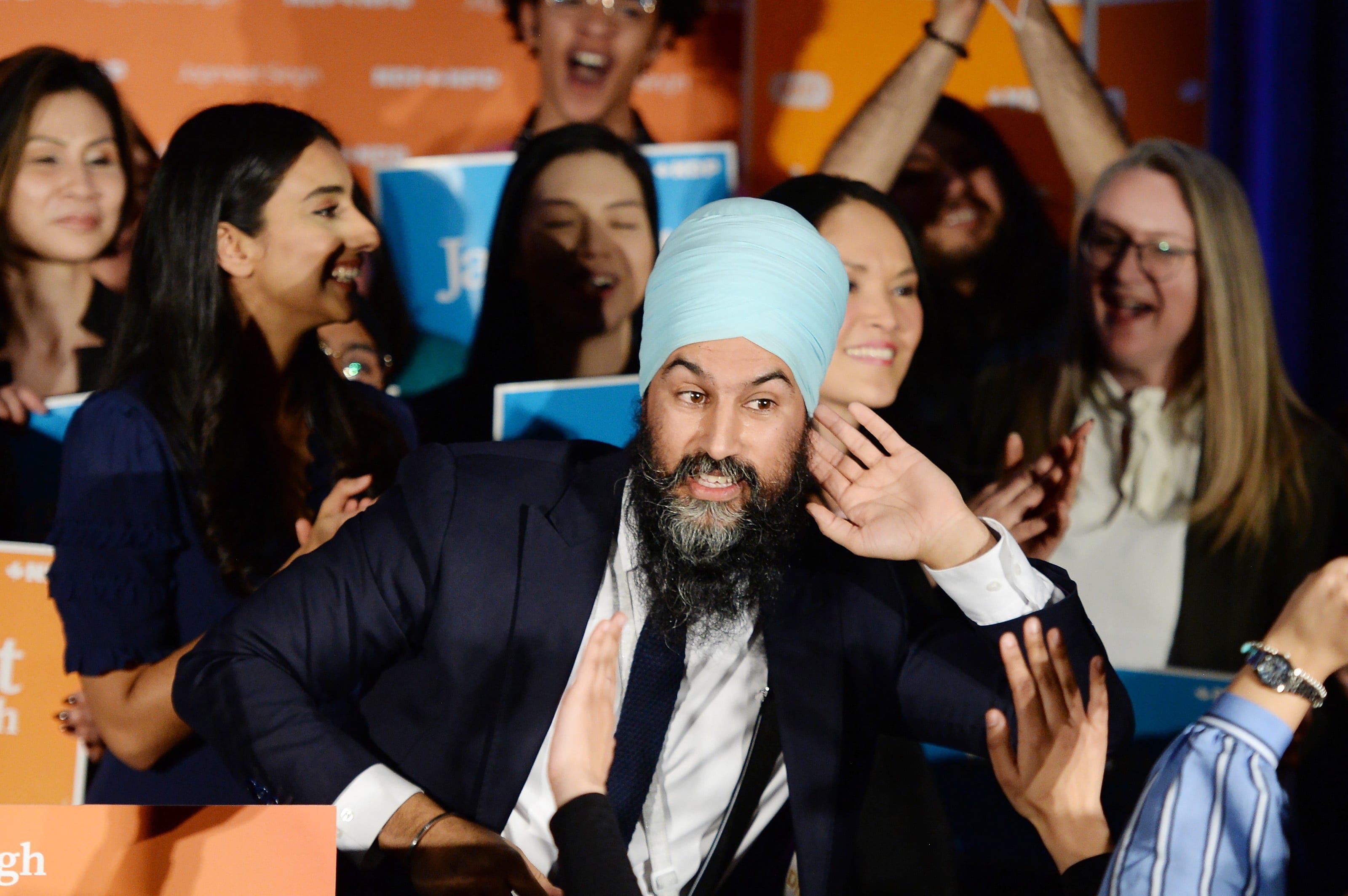 Singh celebrates his Burnaby South byelection win as he arrives at his election night party in Burnaby, B.C., Monday, Feb. 25, 2019. (THE CANADIAN PRESS/Jonathan Hayward)