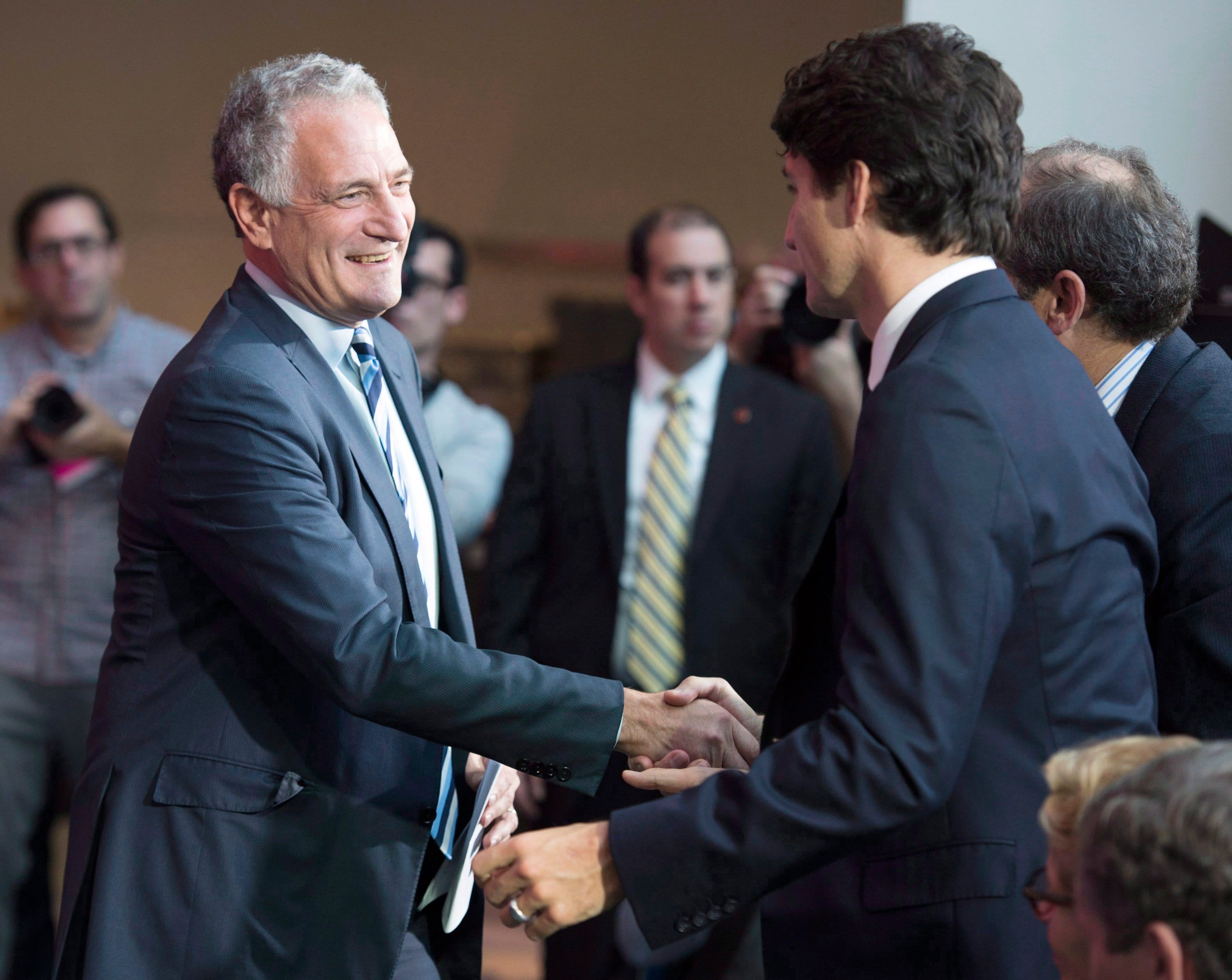 Prime Minister Justin Trudeau and Sidewalk Labs CEO Dan Doctoroff shake hands at an announcement in Toronto on Oct. 17, 2017. (THE CANADIAN PRESS/Frank Gunn)