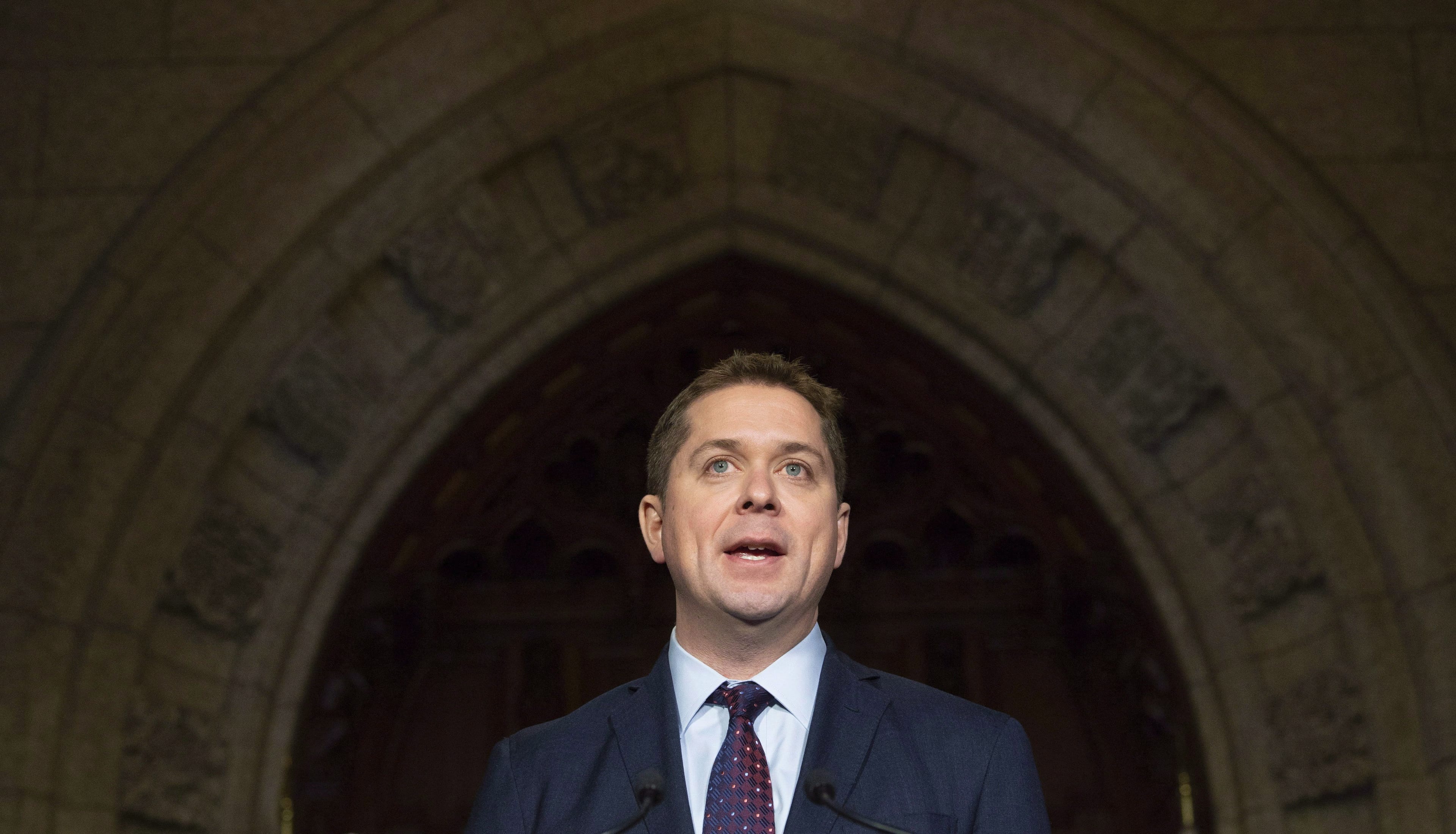 Leader of the Opposition Andrew Scheer holds an end of session news conference in the Foyer of the House of Commons in Ottawa, Thursday December 13, 2018. (THE CANADIAN PRESS/Adrian Wyld)