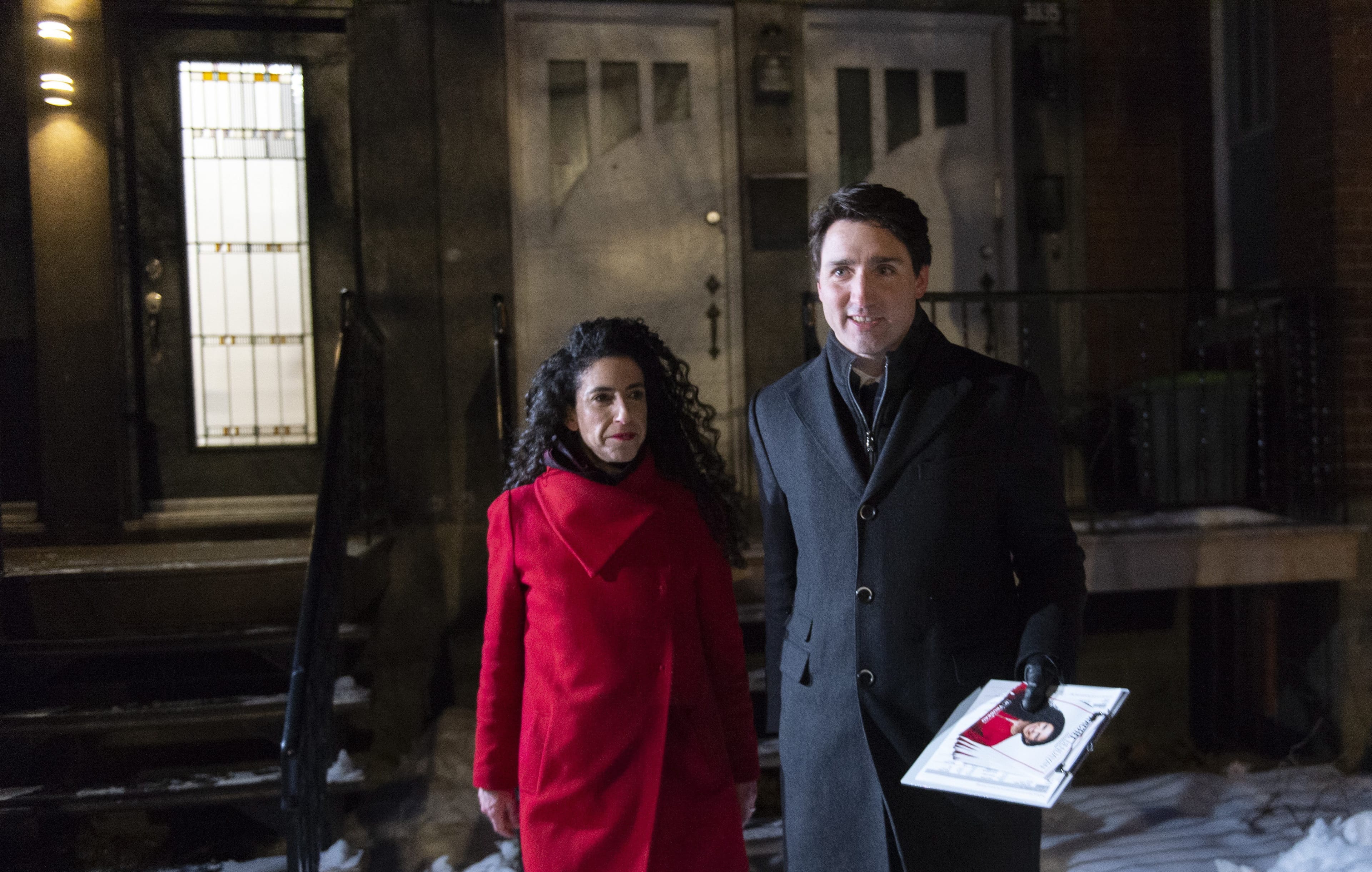 Prime Minister Justin Trudeau campaigns for the next byelection in the Outrement riding with candidate Rachel Bendayan in Montreal on January 28, 2019. (Paul Chiasson/CP)