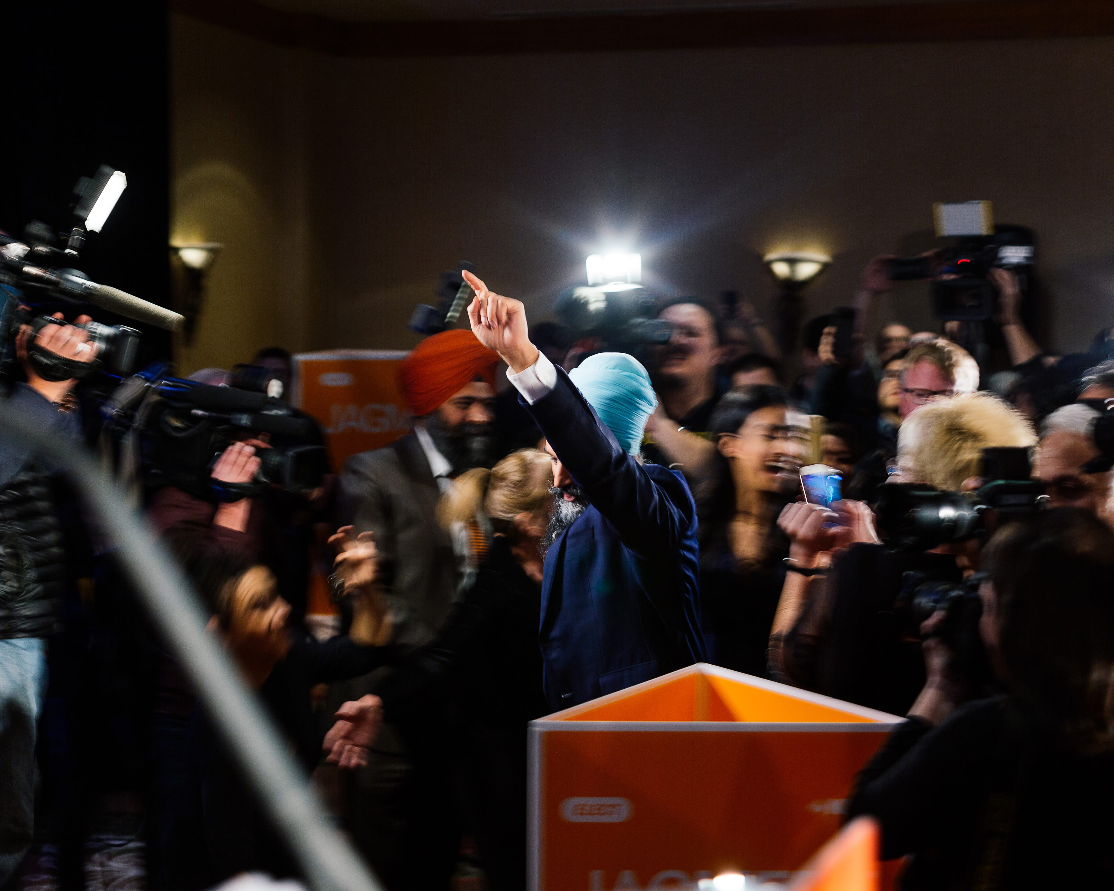 NDP leader Jagmeet Singh celebrates his byelection victory with supporters in Burnaby South on Feb. 25, 2019. (Alana Paterson)