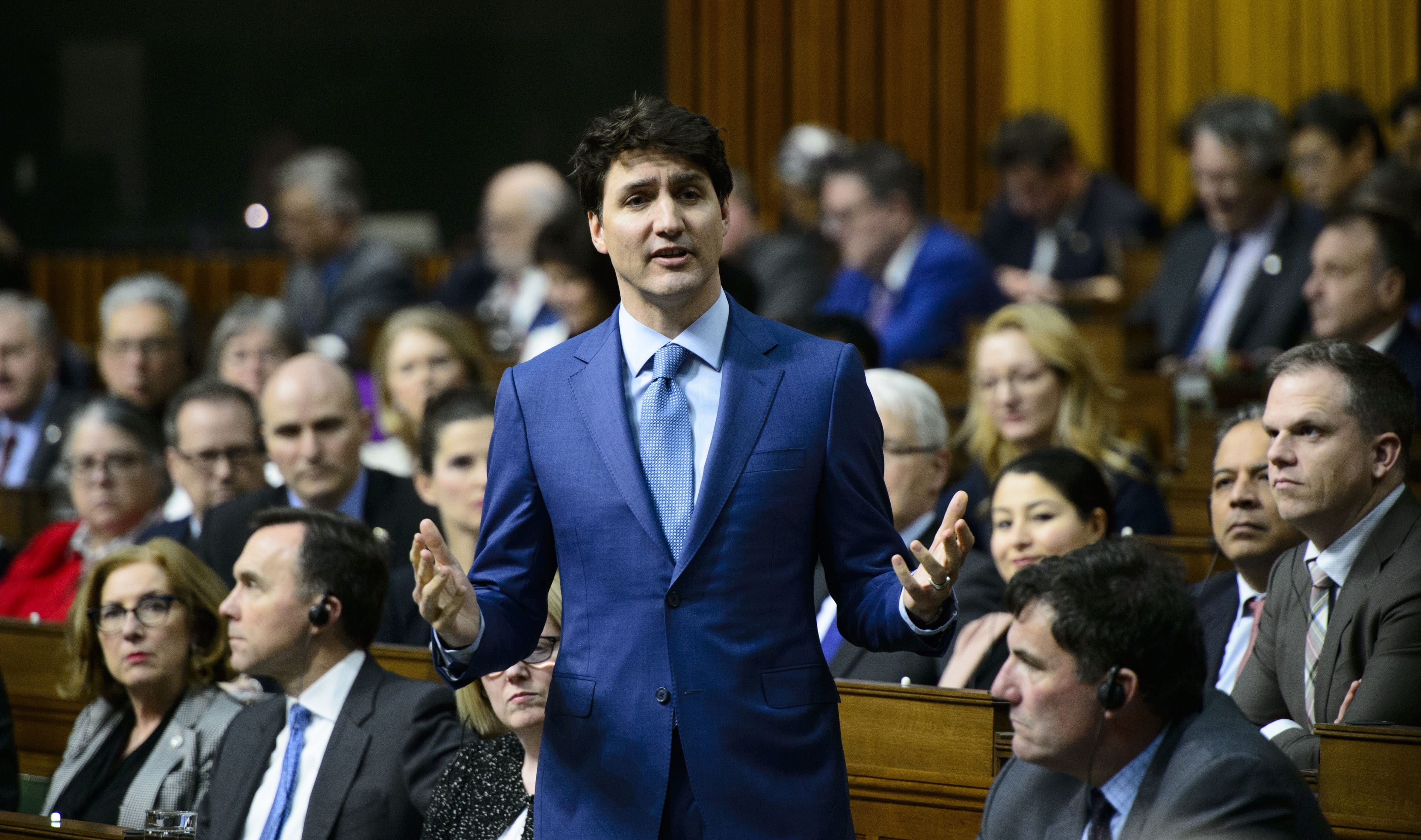 Trudeau stands during question period in the House of Commons on Monday, Feb. 25, 2019. (THE CANADIAN PRESS/Sean Kilpatrick)