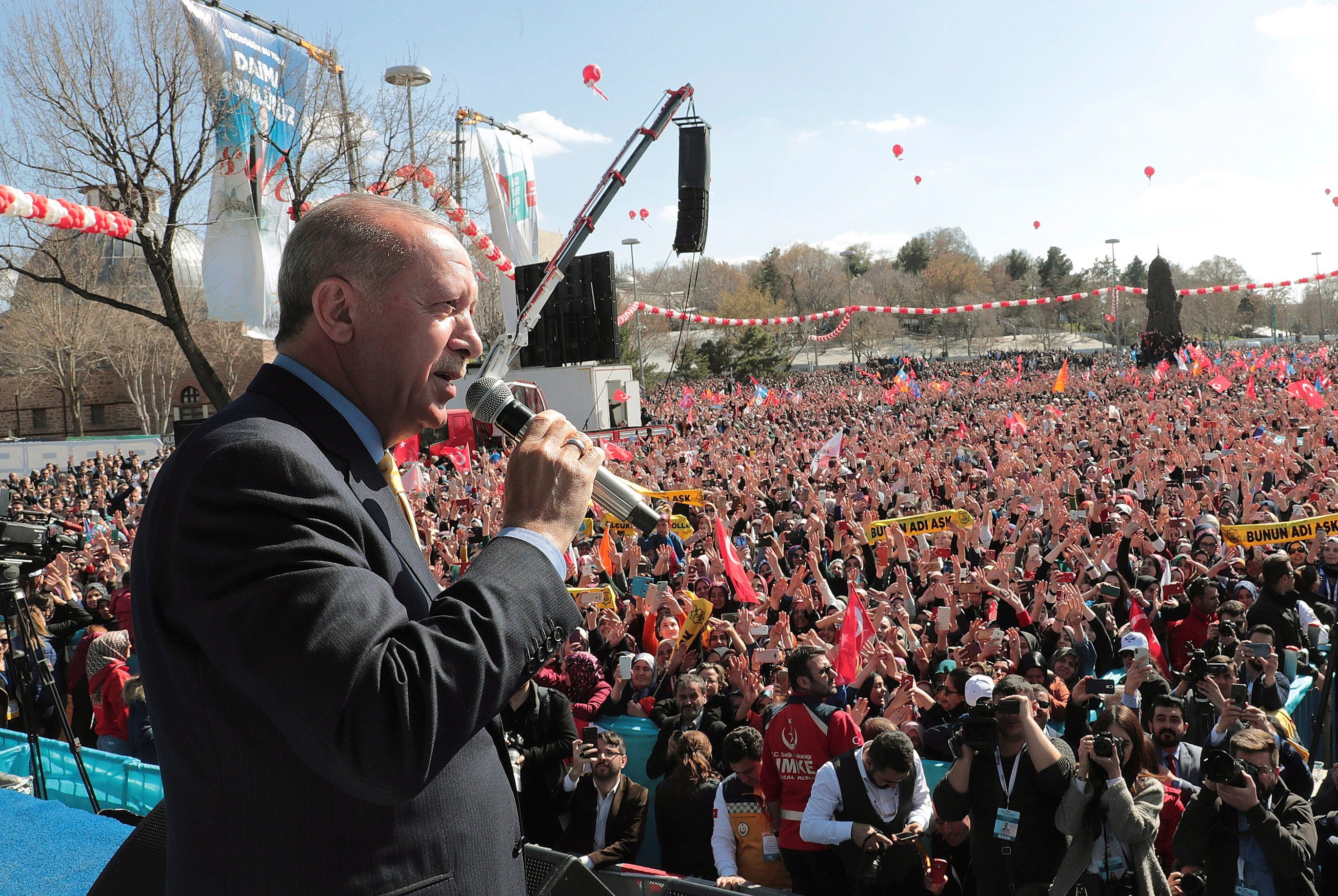Erdogan has sparked controversy by screening video clips of the New Zealand mosque attack at rallies like this one in Konya, Turkey, on March 22, 2019. (Presidential Press Service/AP)