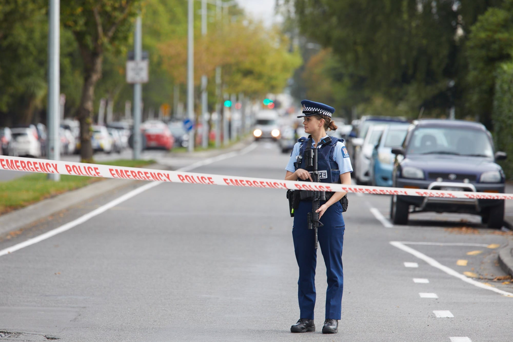 Police officers cordon off the area after gunmen attacked the two mosques during Friday prayers in Christchurch, New Zealand on March 15, 2019. (Diederik van Heyningen/Anadolu Agency/Getty Images)