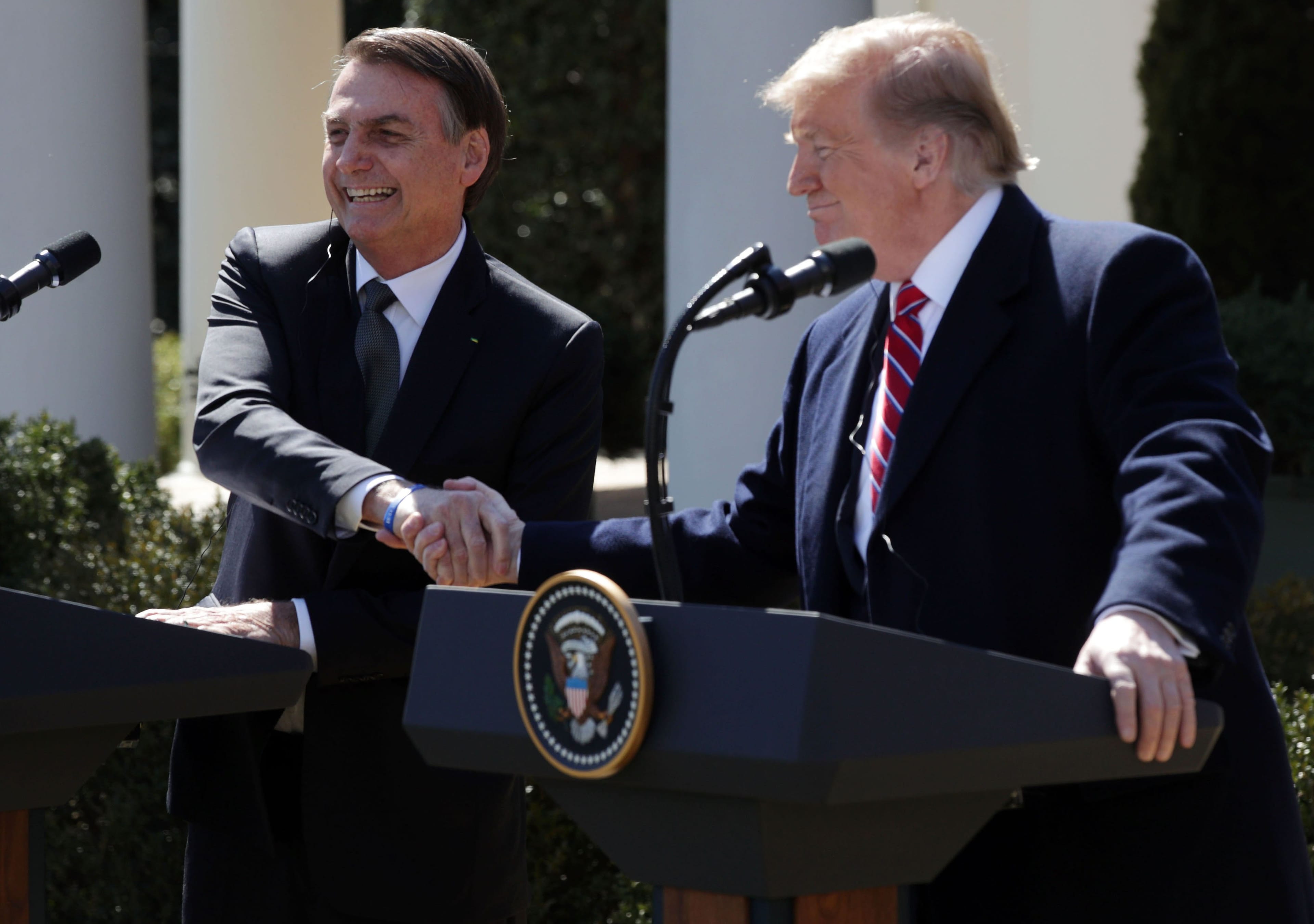 U.S. President Donald Trump and Brazilian President Jair Bolsonaro participate in a joint news conference at the Rose Garden of the White House March 19, 2019 in Washington, DC. President Trump is hosting President Bolsonaro for a visit and bilateral talks at the White House today. (Alex Wong/Getty Images)