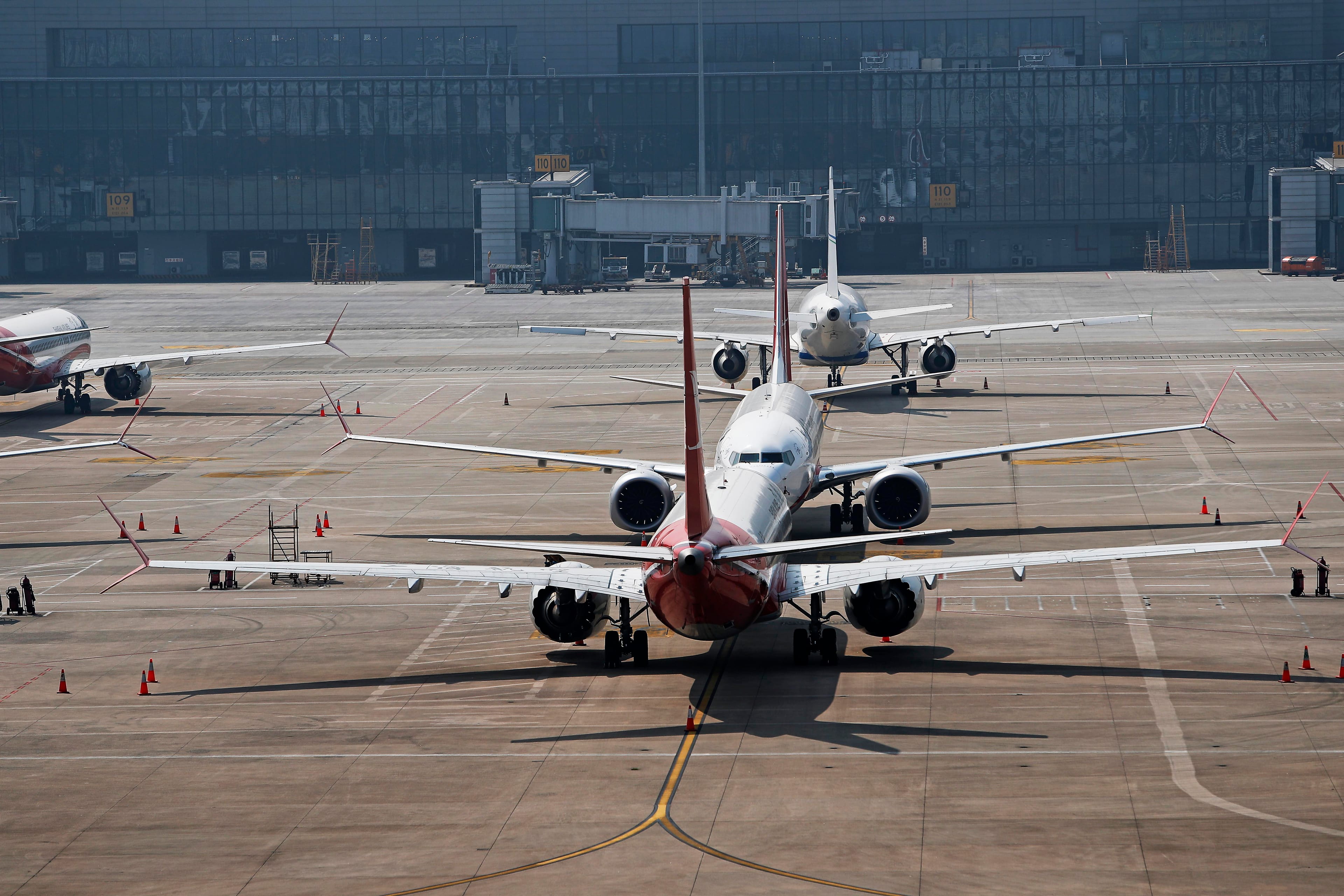 Boeing 737 MAX 8 planes are grounded at Hongqiao International Airport on March 17, 2019 in Shanghai, China. (Yin Liqin/China News Service/VCG via Getty Images)