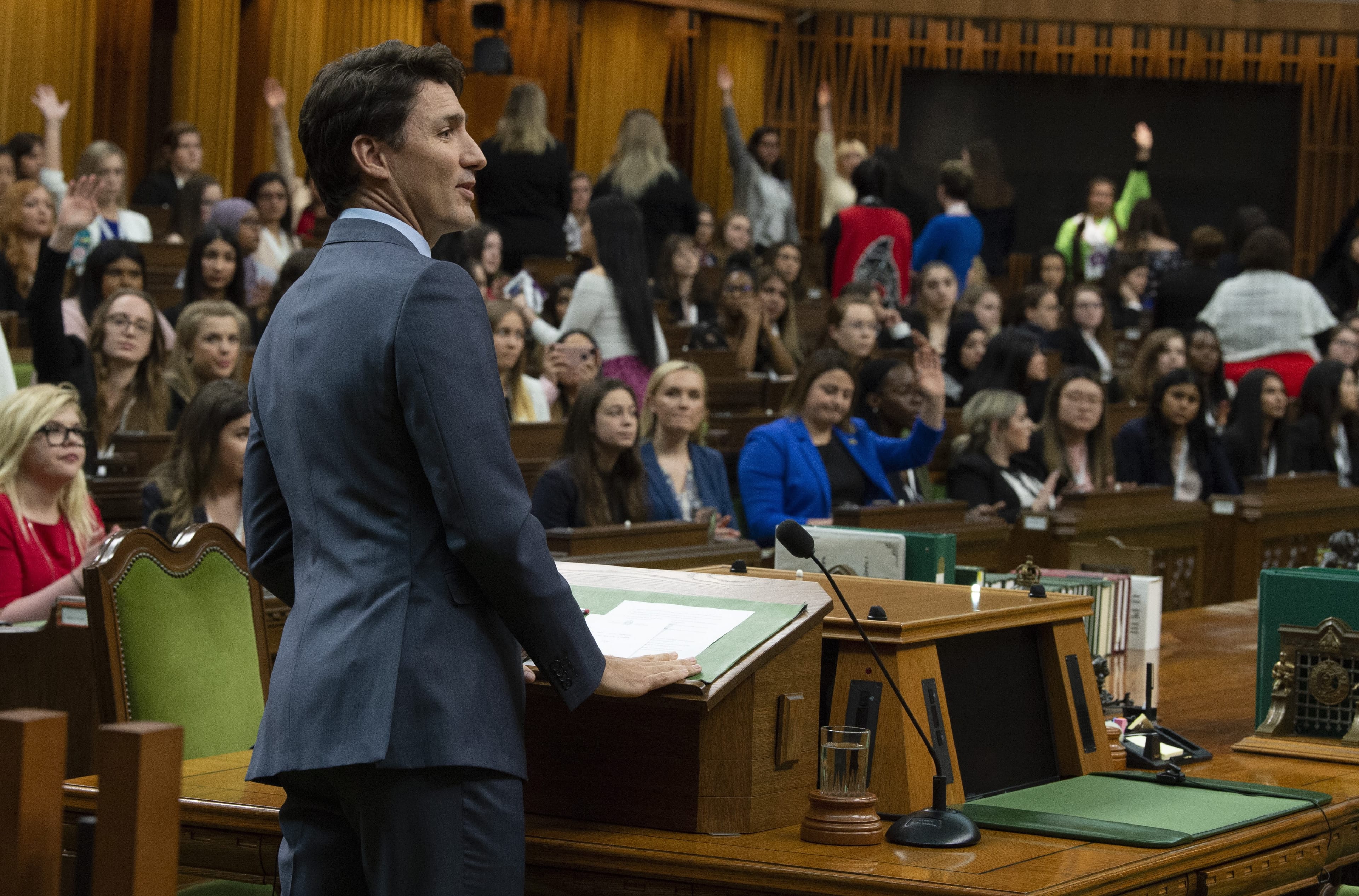 Trudeau looks to the audience for a question following his speech to Daughters of the Vote in the House of Commons on Parliament Hill in Ottawa, Wednesday April 3, 2019. (Adrian Wyld/CP)
