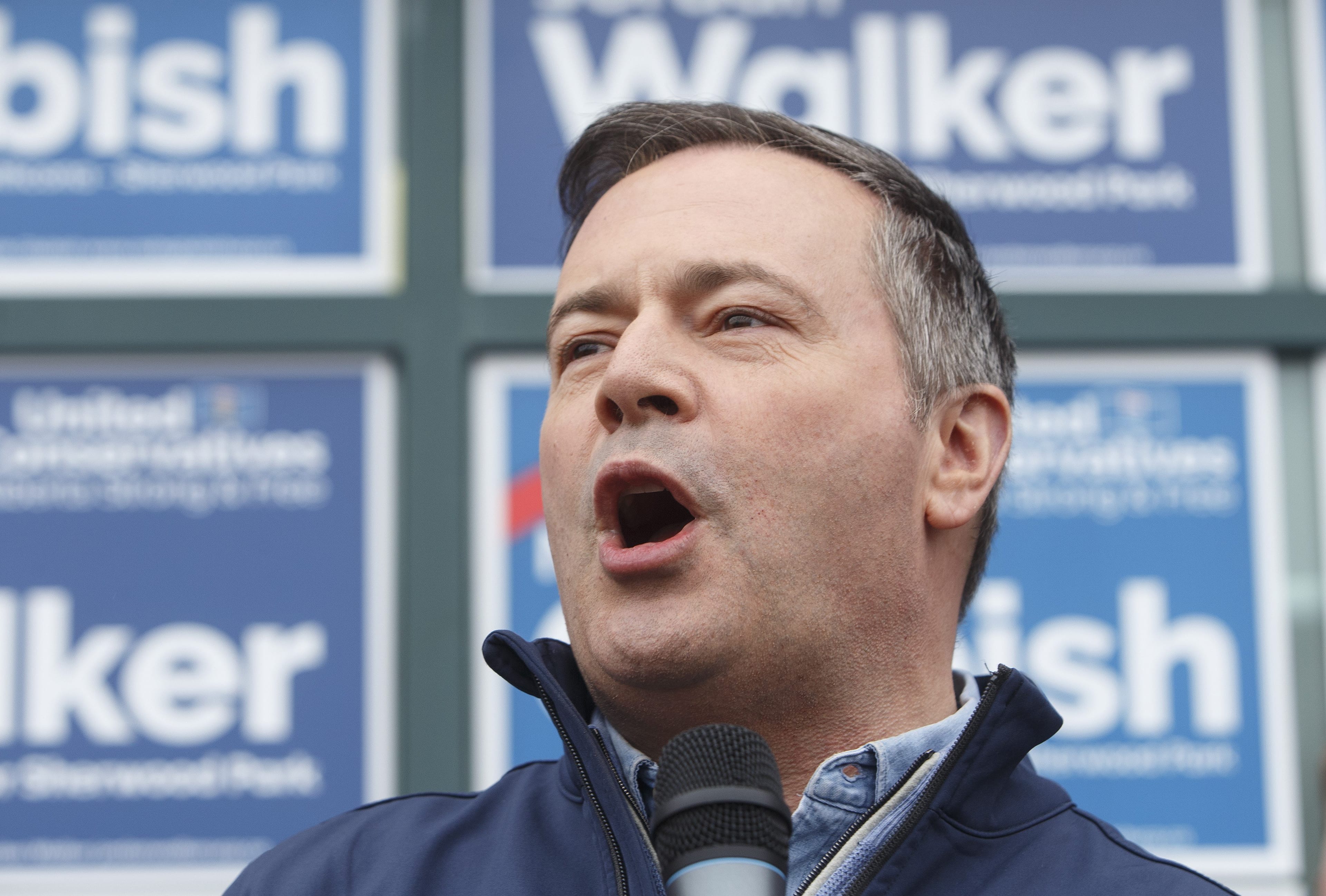 Kenney speaks at a rally before the election, in Sherwood Park, Alta, on Monday, April 15, 2019. (THE CANADIAN PRESS/Jason Franson)