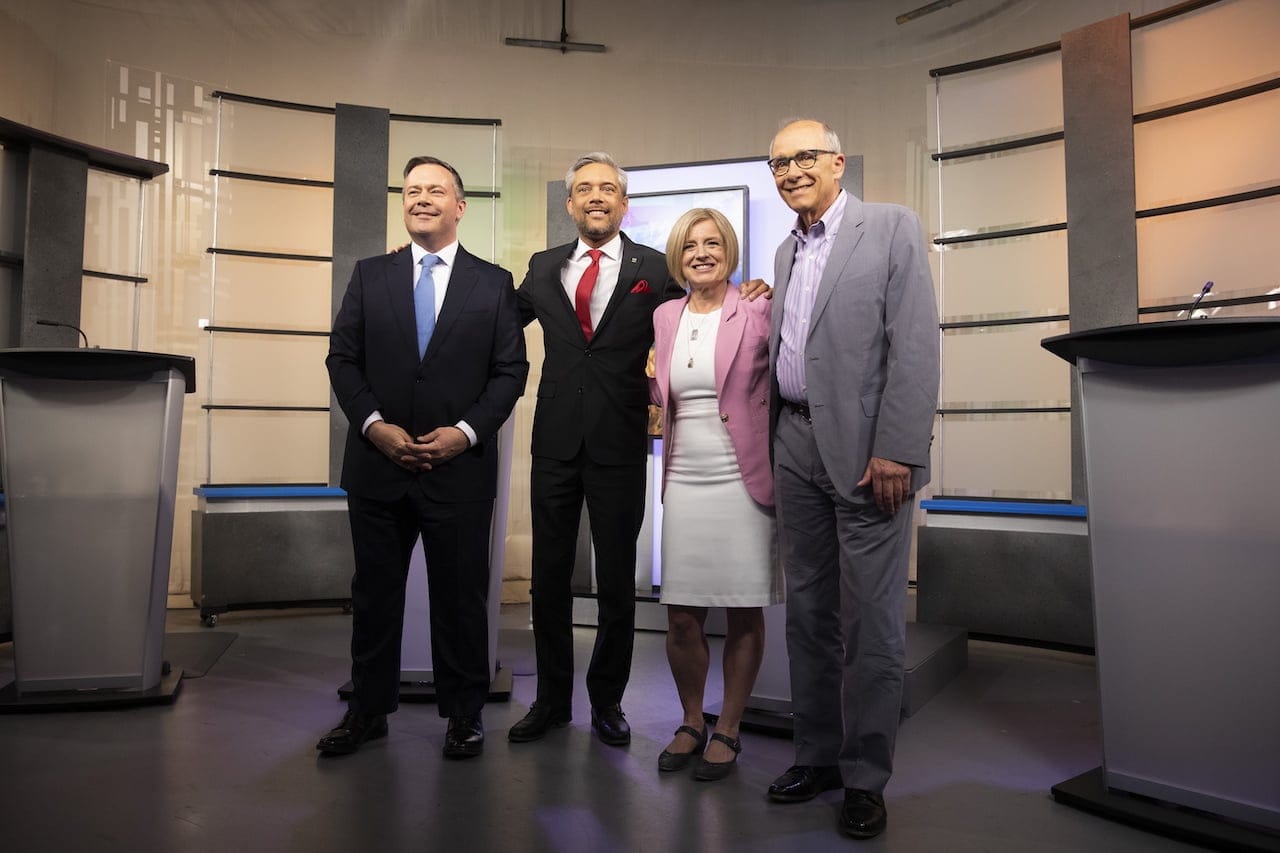 United Conservative Party leader Jason Kenney, left to right, Alberta Liberal Party leader David Khan, Alberta New Democrat Party leader and incumbent premier Rachel Notley and Alberta Party leader Stephen Mandel pose before the start of the 2019 Alberta Leaders Debate in Edmonton, Alta., on Thursday, April 4, 2019. (CP/Codie McLachlan)