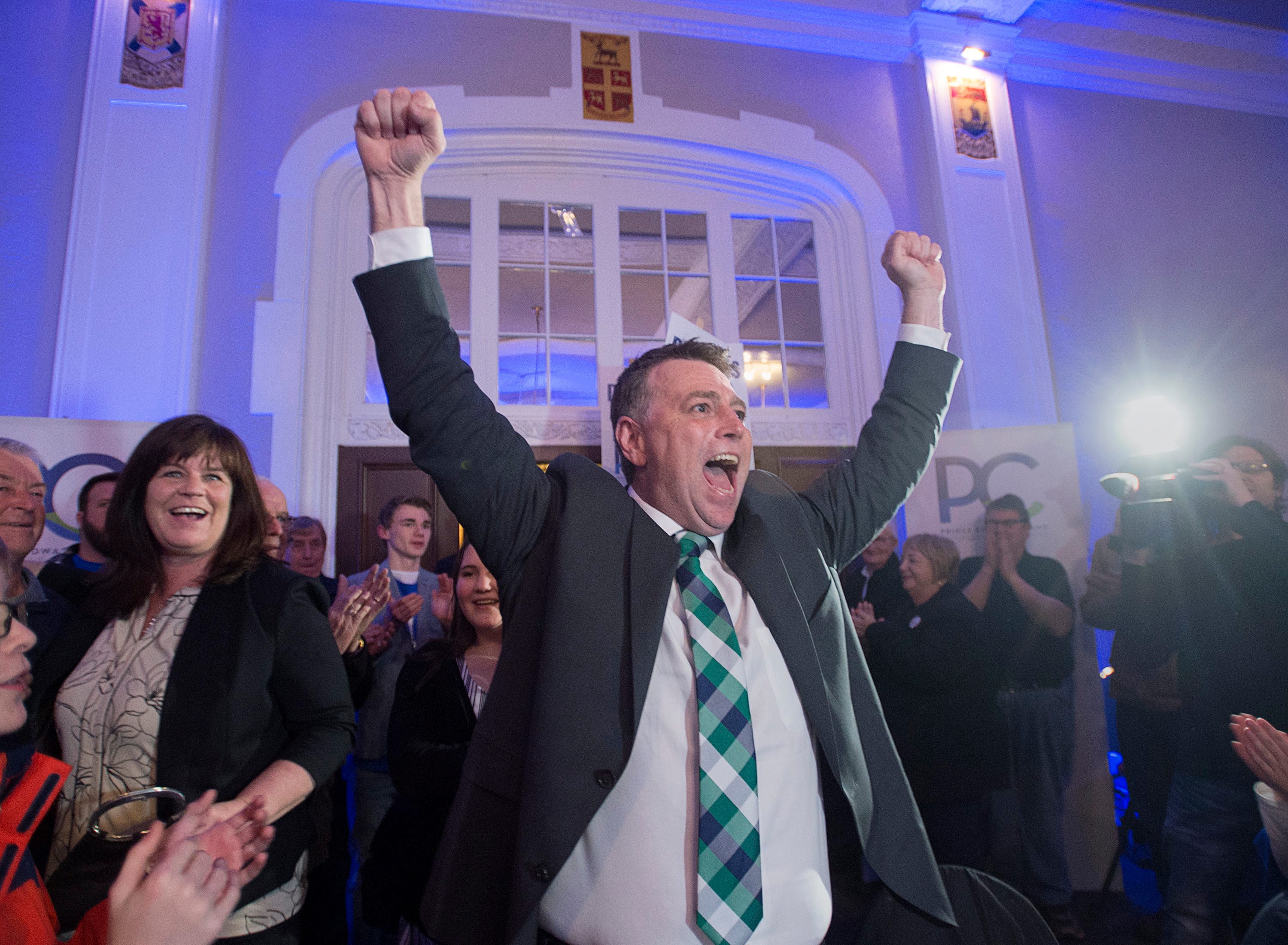 Dennis King greets supporters after winning a minority in the Prince Edward Island election on Tuesday. The Green Party came second. (Andrew Vaughan/CP)
