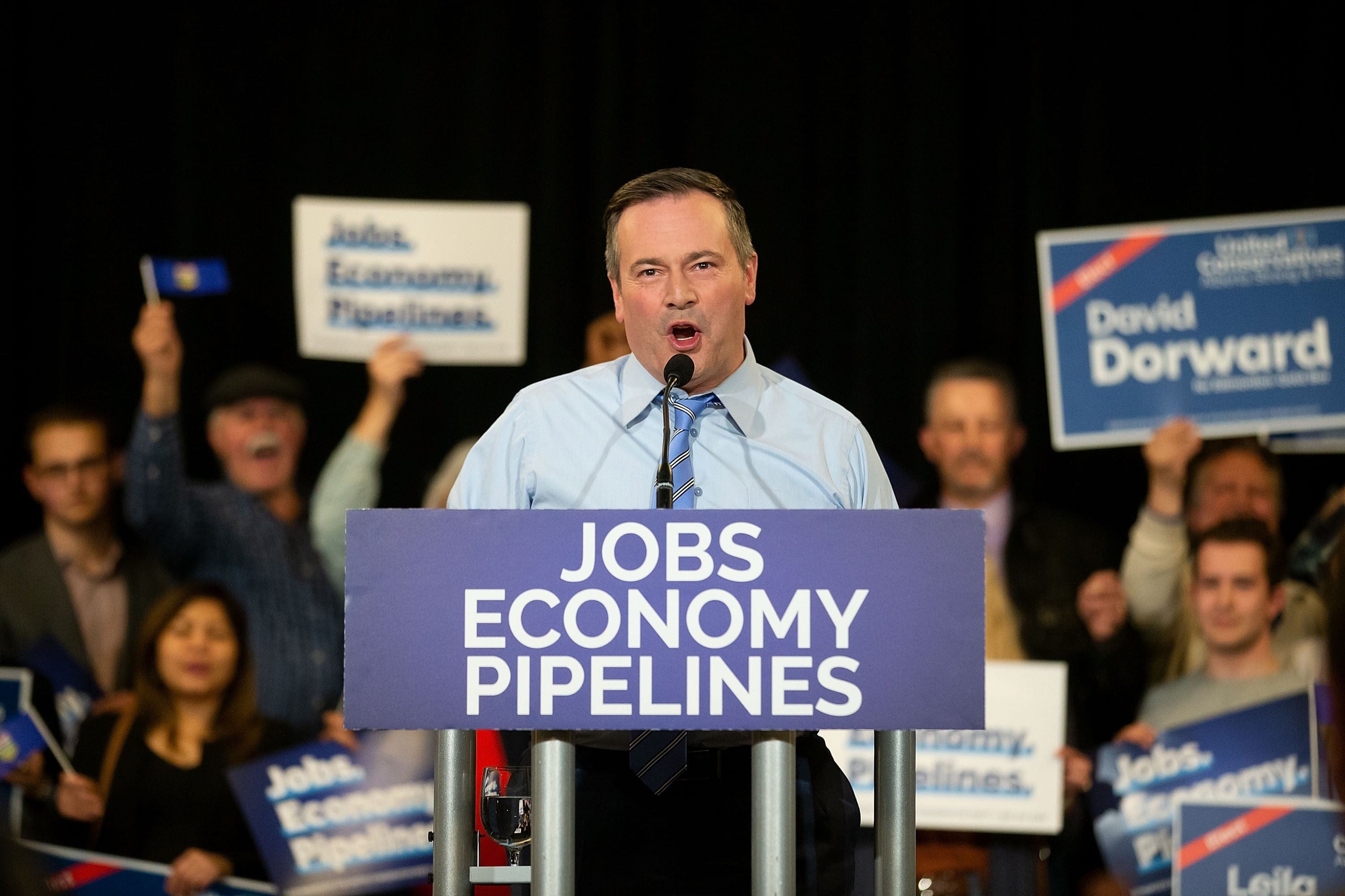 UCP Leader Jason Kenney speaks last week during a campaign rally in Edmonton (Codie McLachlan/CP)