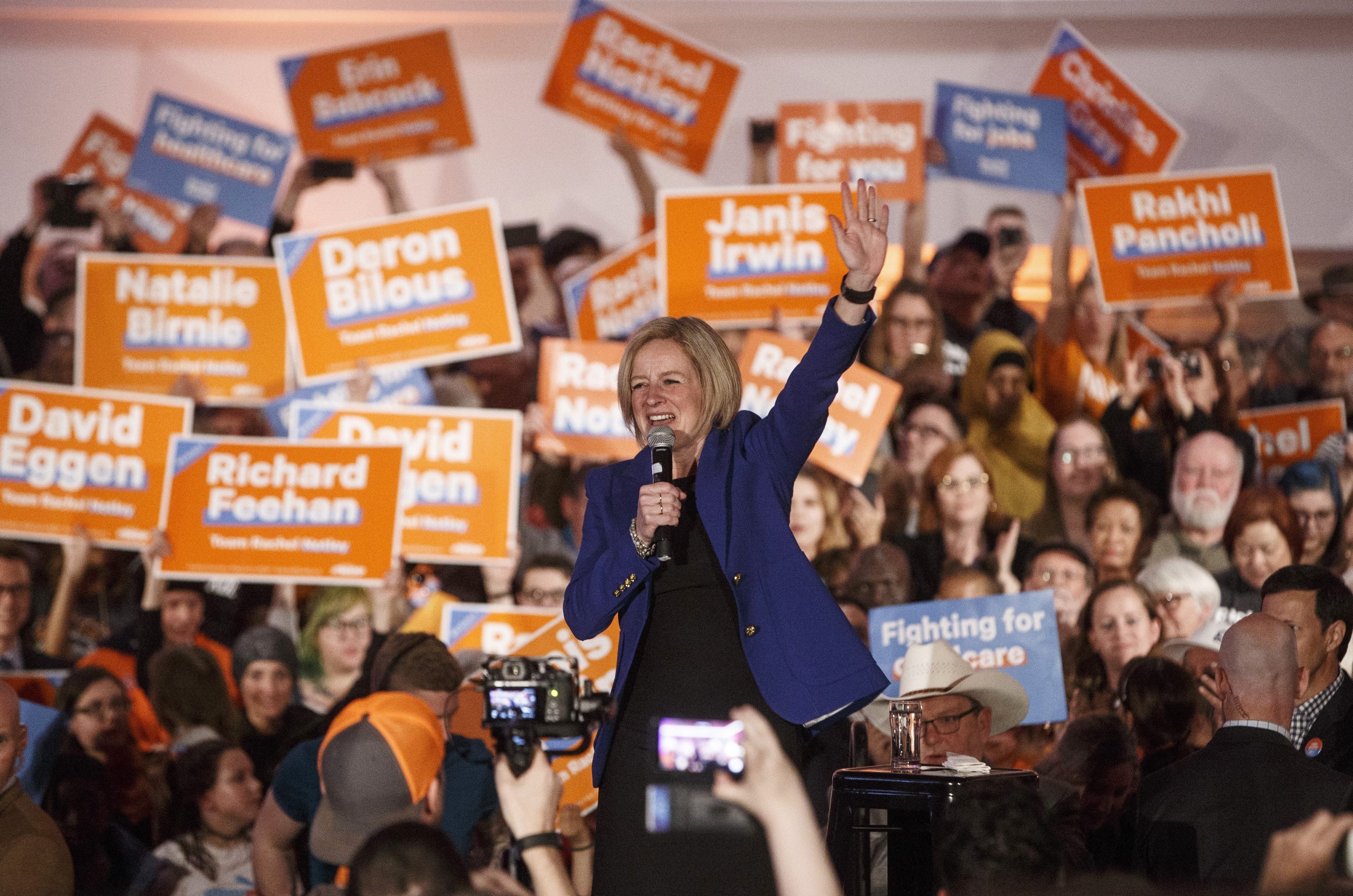 Alberta NDP leader Rachel Notley speaks during an election rally in Edmonton on Sunday (Jason Franson/CP)